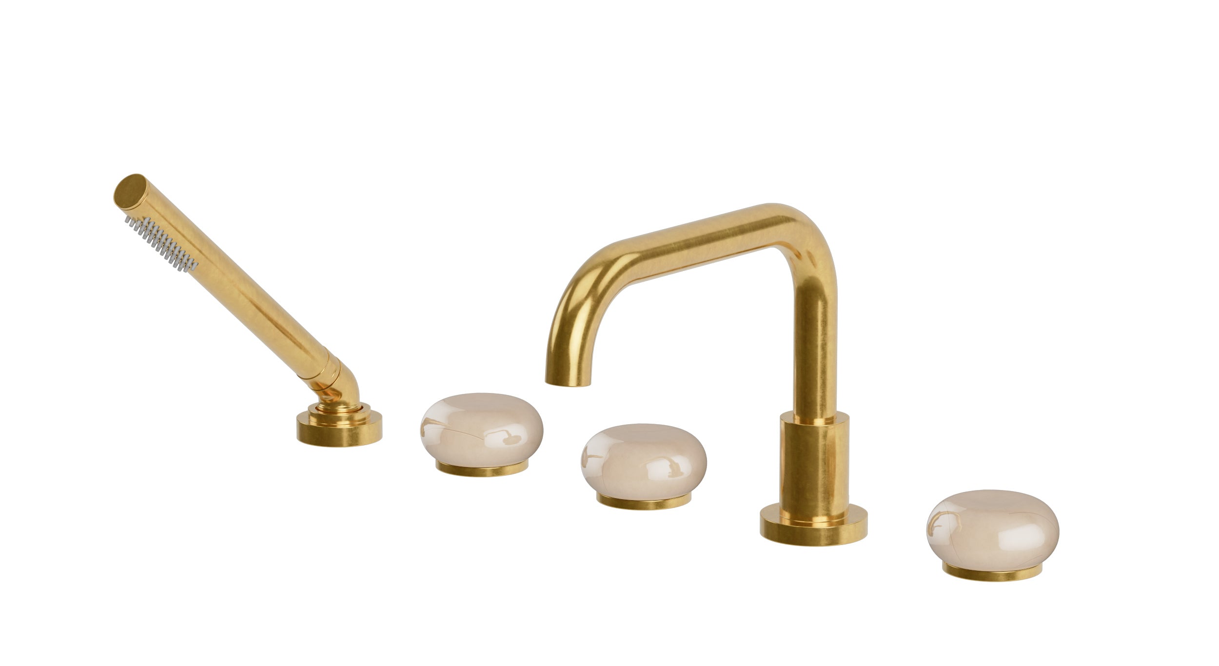 Foundry Three Handle Deck Mount Squaretop Bath Trim with Hand Shower and Pebble Ceramic Knob Handles in French Brass