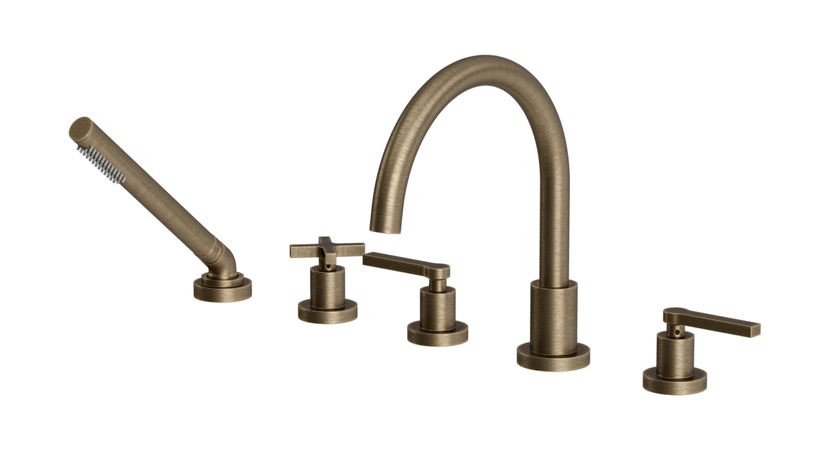 Flatiron Three Handle Deck Mount Gooseneck Bath Trim with Hand Shower and Linear Cross/Linear Lever Handles in Antique Brass