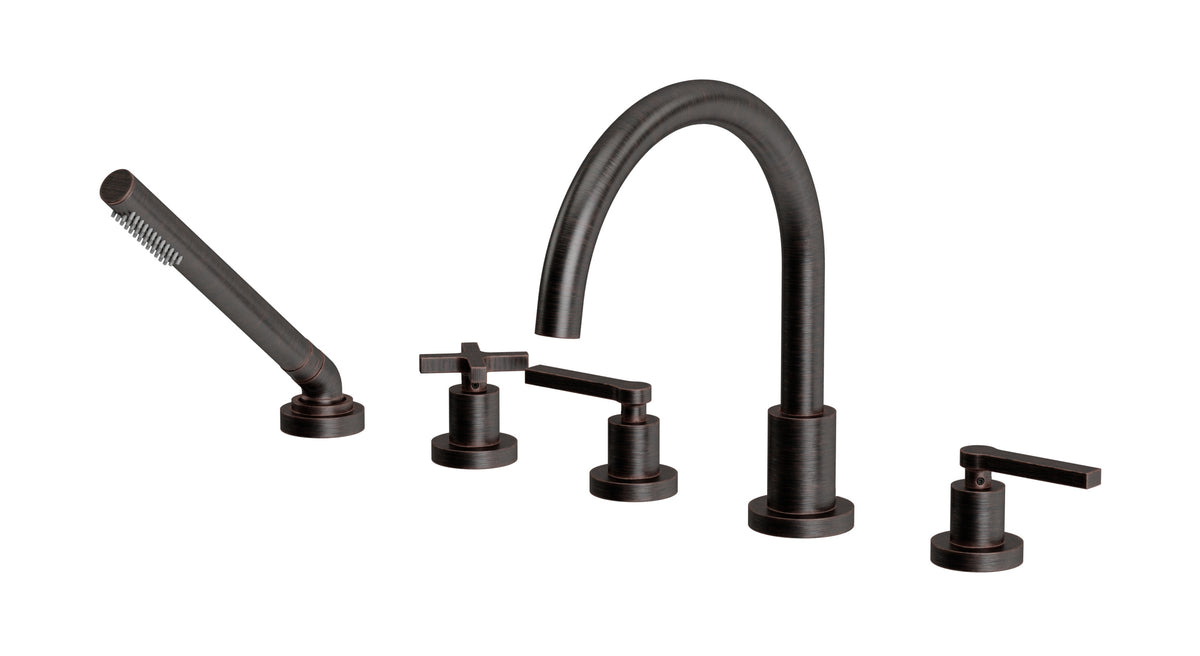 Flatiron Three Handle Deck Mount Gooseneck Bath Trim with Hand Shower and Linear Cross/Linear Lever Handles in Antique Bronze