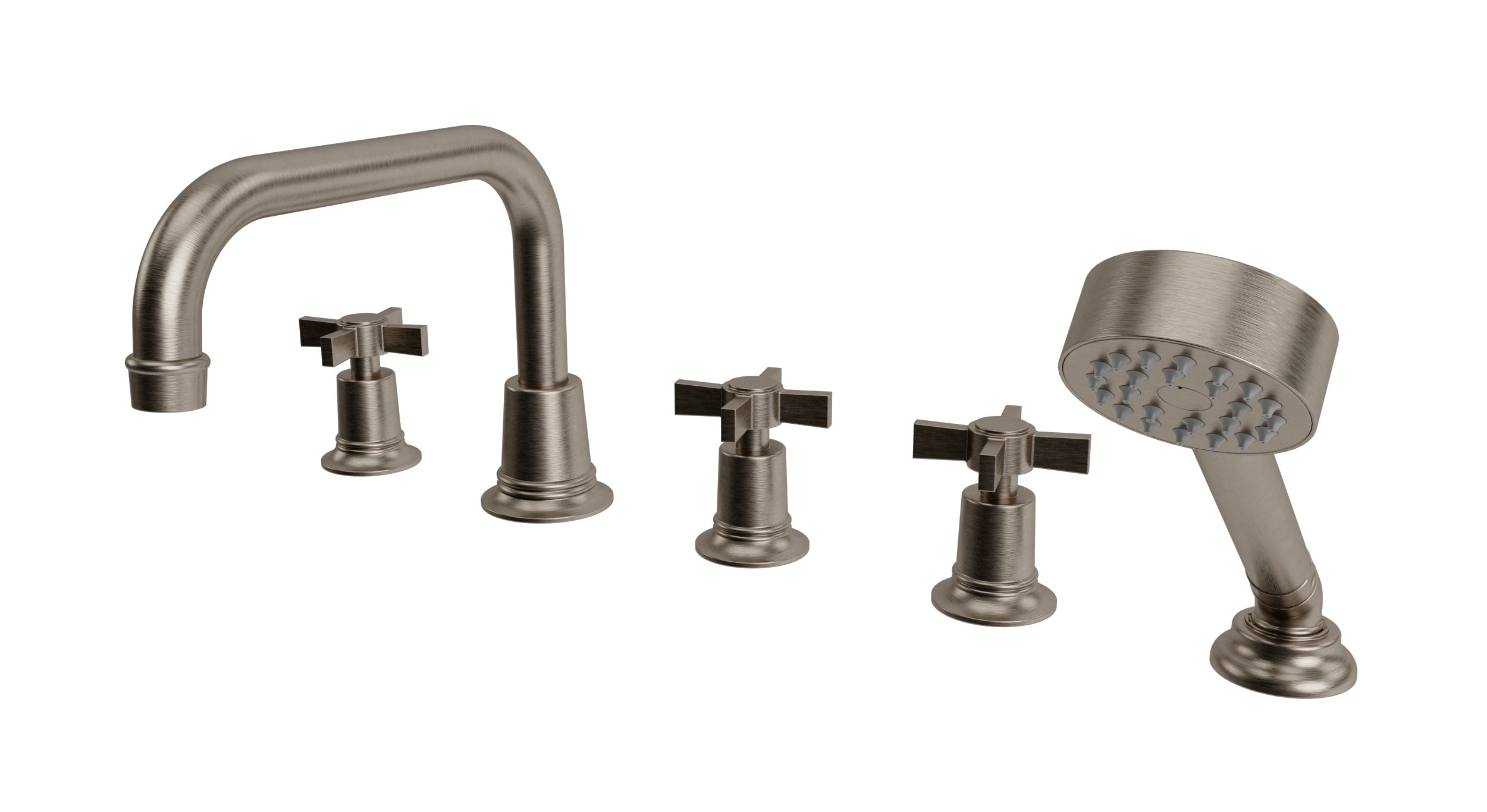 Emerson Three Handle Deck Mount Squaretop Bath Trim with Hand Shower and Defined Cross Handles in Antique Nickel