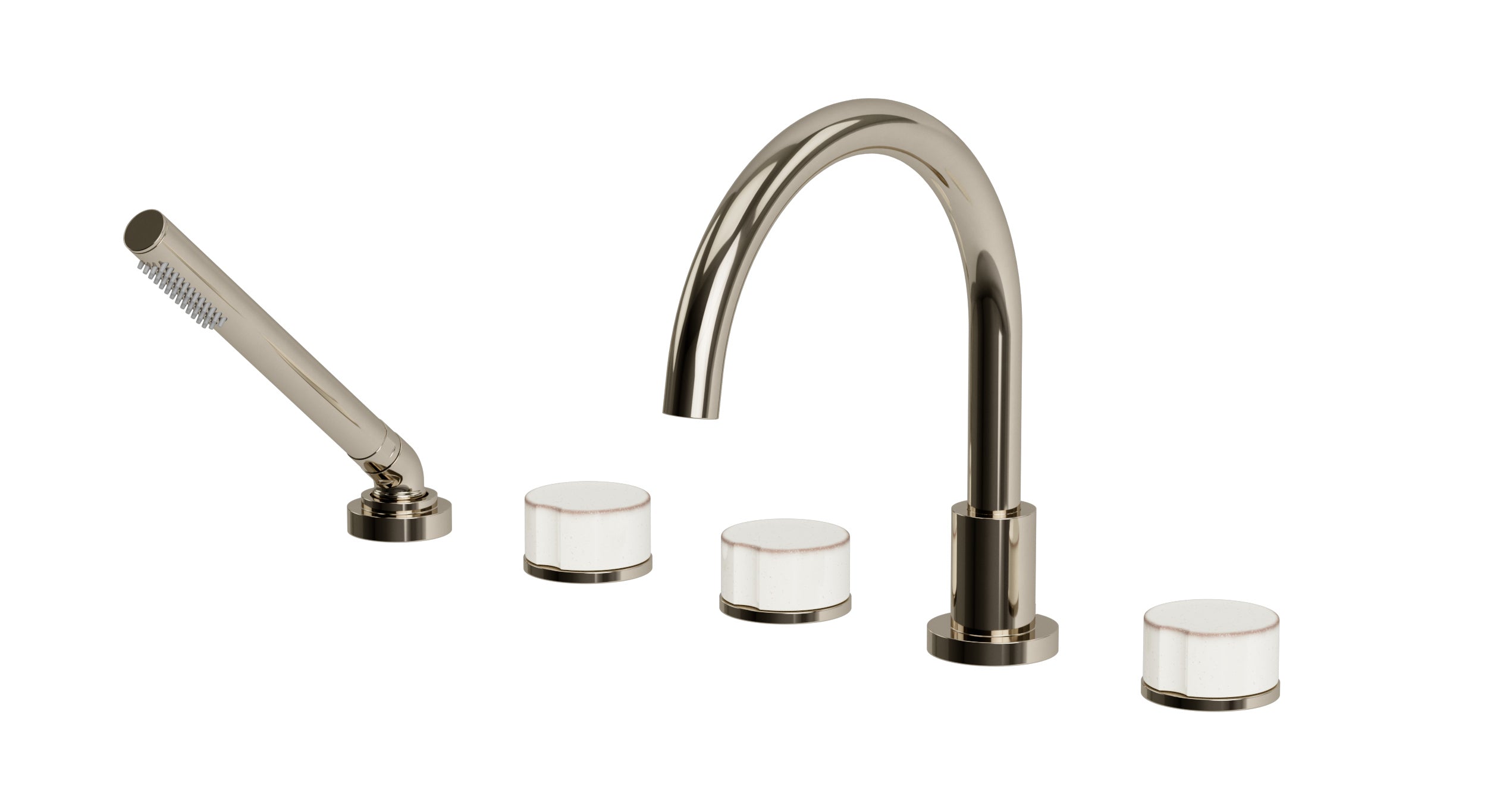 Foundry Three Handle Deck Mount Gooseneck Bath Trim with Hand Shower and Groove Ceramic Knob Handles in Polished Nickel