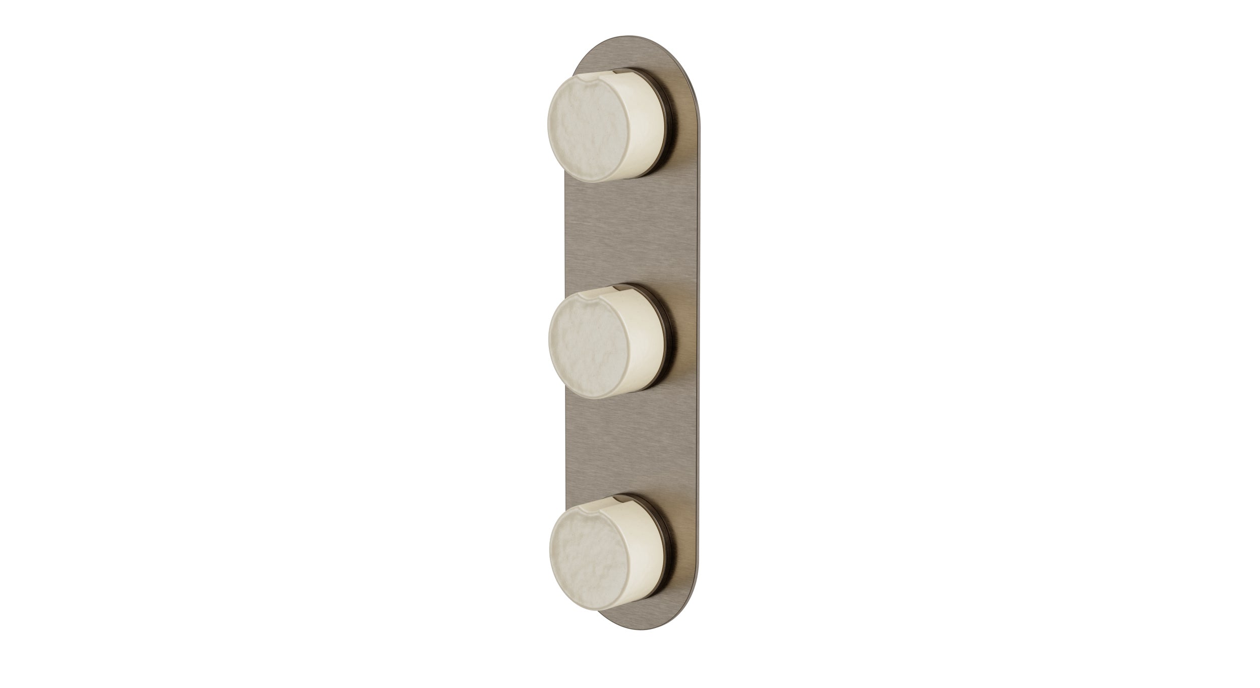 Foundry Three Handle Wall Mount Shower Trim with Groove Ceramic Knob Handles in Antique Nickel