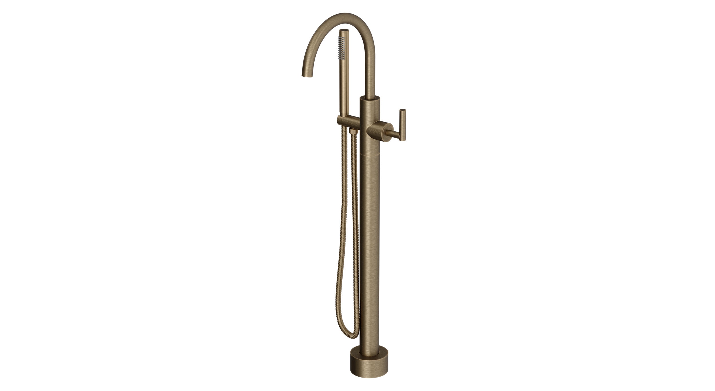 Contour One Handle Floor Mount Gooseneck Bath Trim with Hand Shower and Soft Lever Handle in Antique Brass