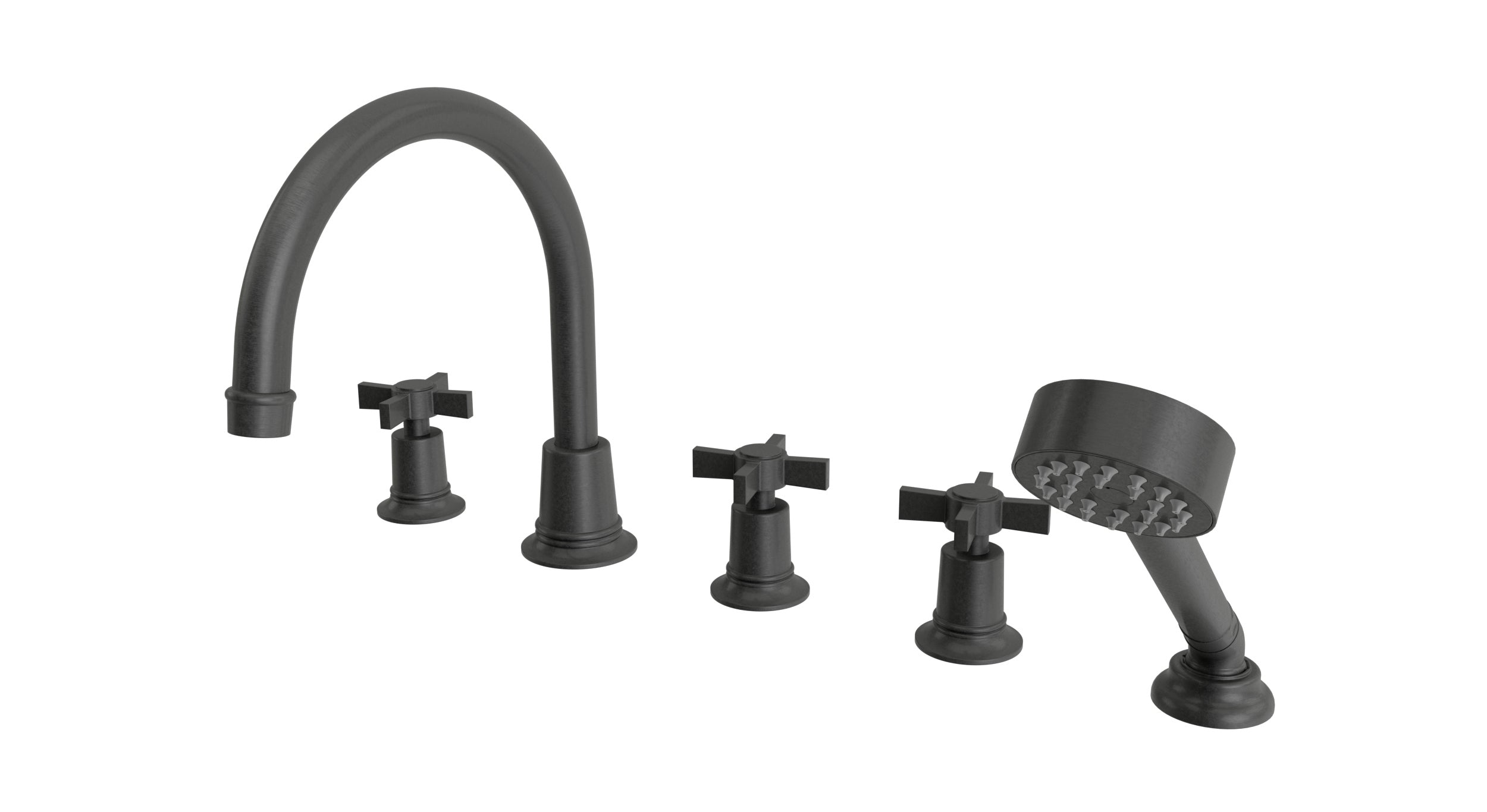 Emerson Three Handle Deck Mount Gooseneck Bath Trim with Hand Shower and Defined Cross Handles in Blackened Nickel