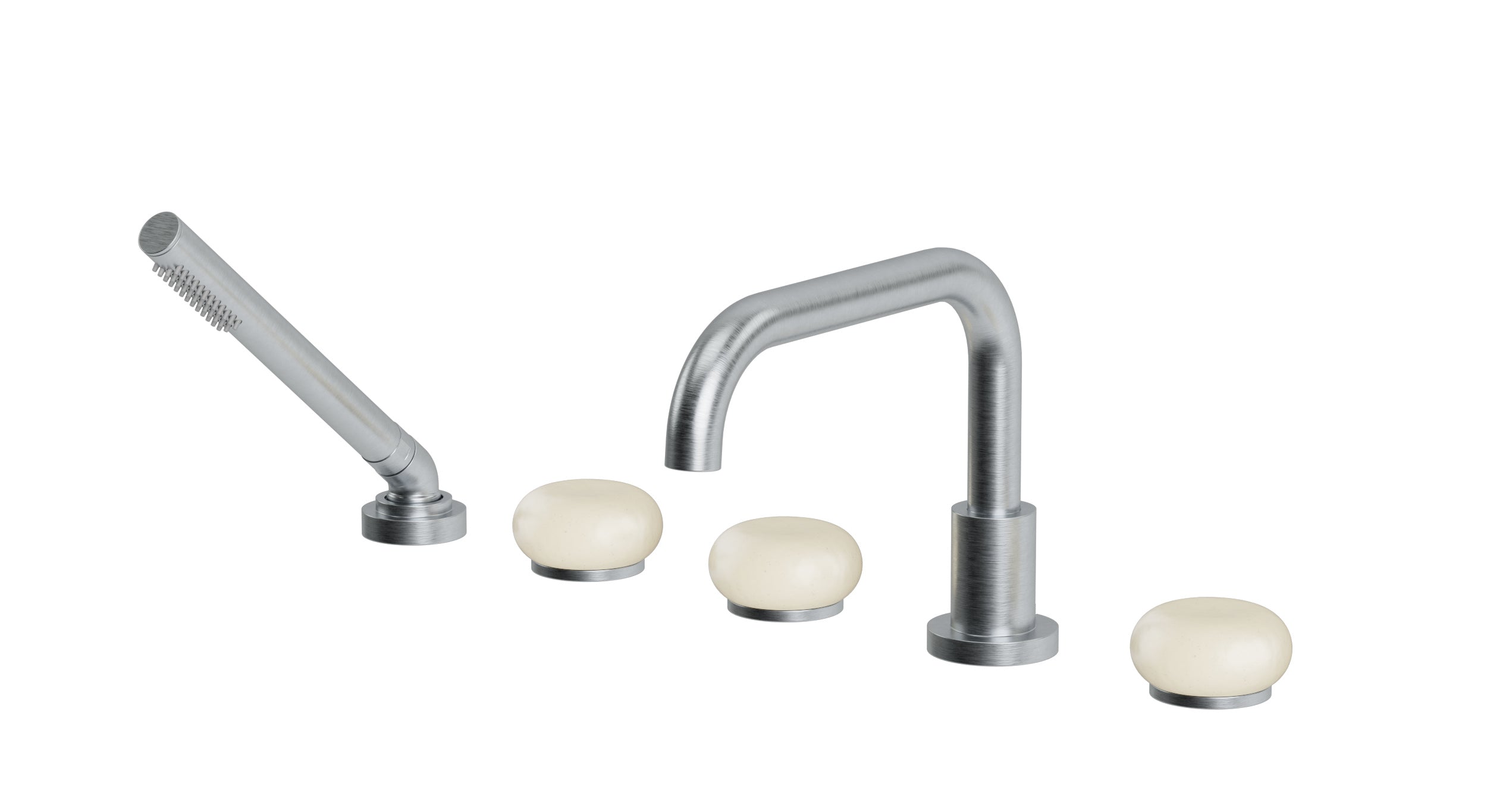 Foundry Three Handle Deck Mount Squaretop Bath Trim with Hand Shower and Pebble Ceramic Knob Handles in Satin Chrome