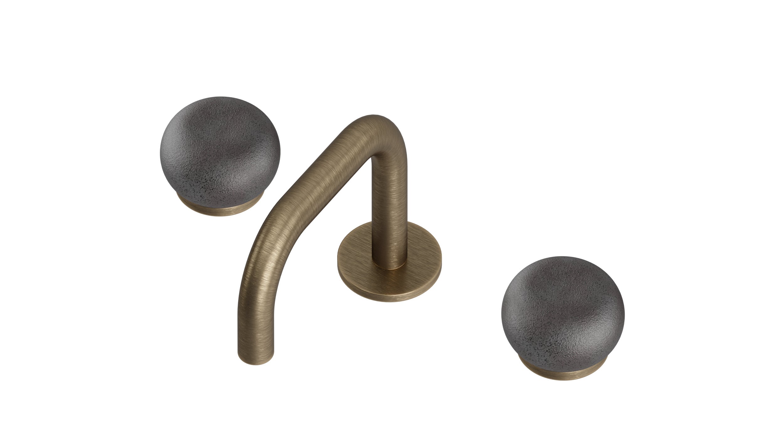 Foundry Two Handle Deck Mount Squaretop Lavatory Faucet with Pebble Ceramic Knob Handles in Antique Brass