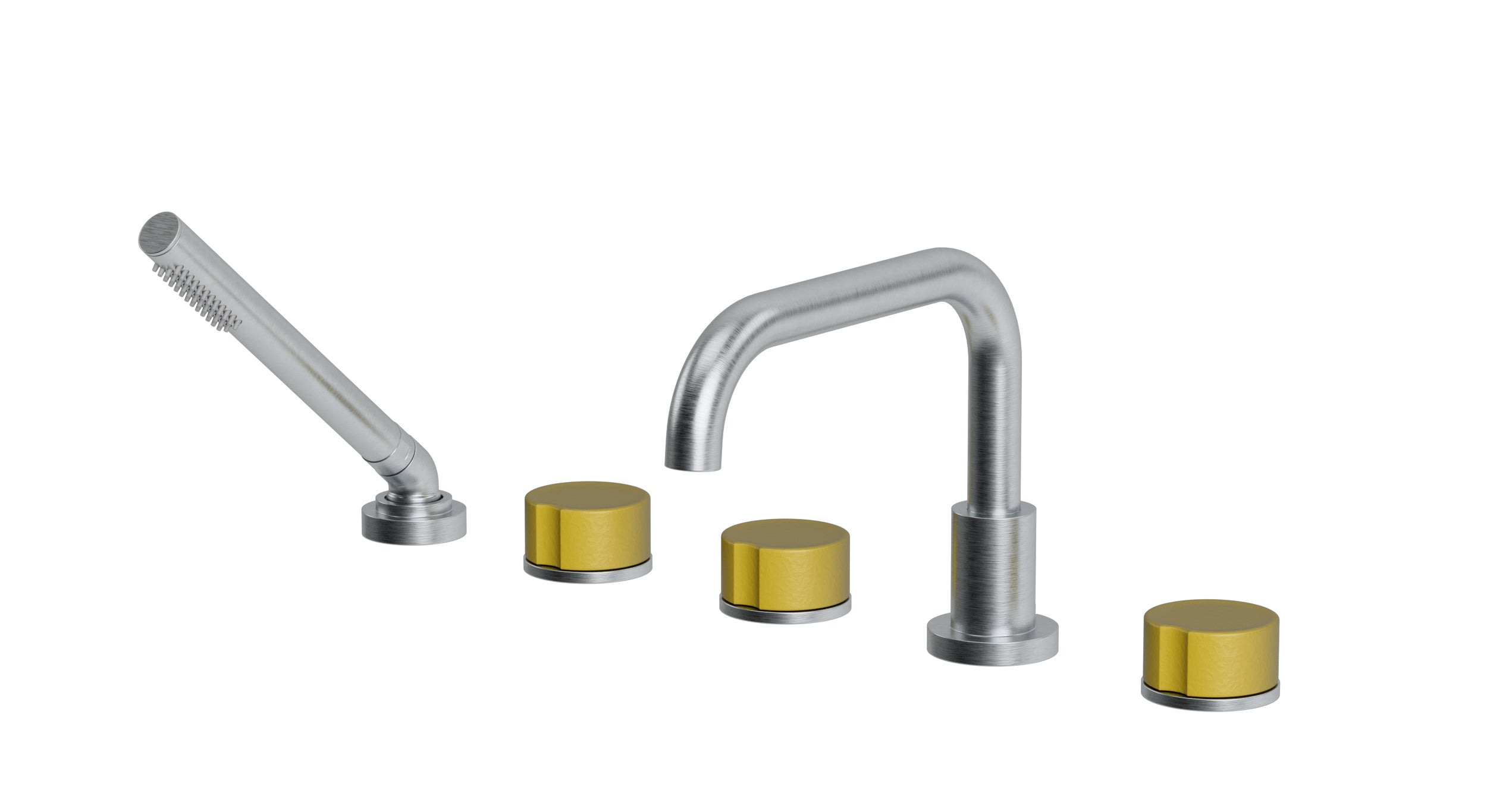 Foundry Three Handle Deck Mount Squaretop Bath Trim with Hand Shower and Groove Ceramic Knob Handles in Satin Chrome