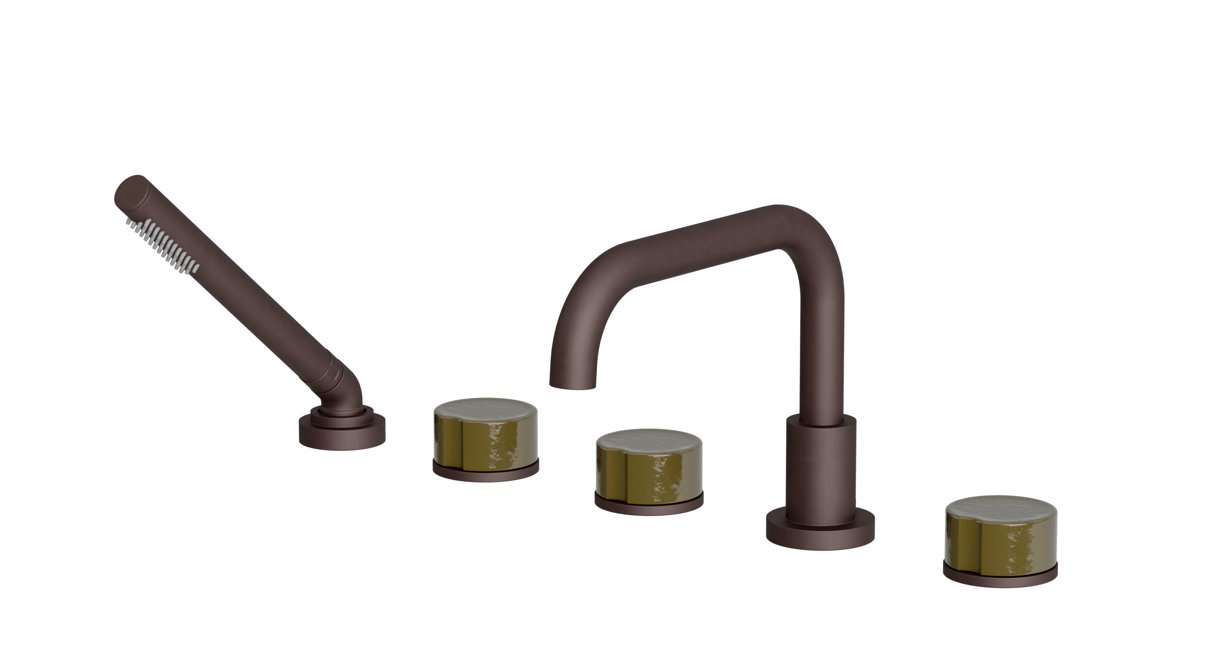 Foundry Three Handle Deck Mount Squaretop Bath Trim with Hand Shower and Groove Ceramic Knob Handles in Architectural Copper