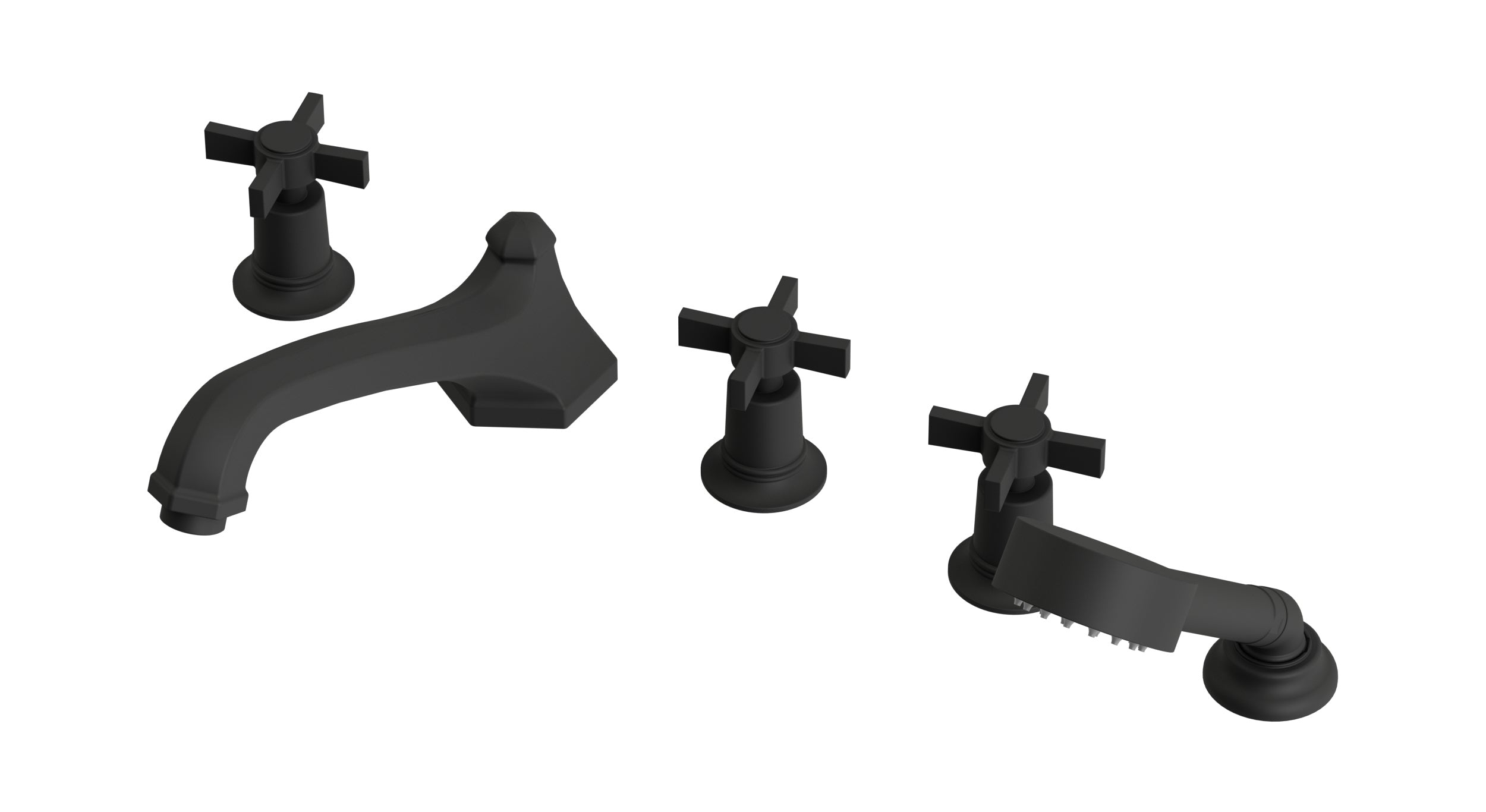 Emerson Three Handle Deck Mount Low Hexagon Bath Trim with Hand Shower and Defined Cross Handles in Matte Black