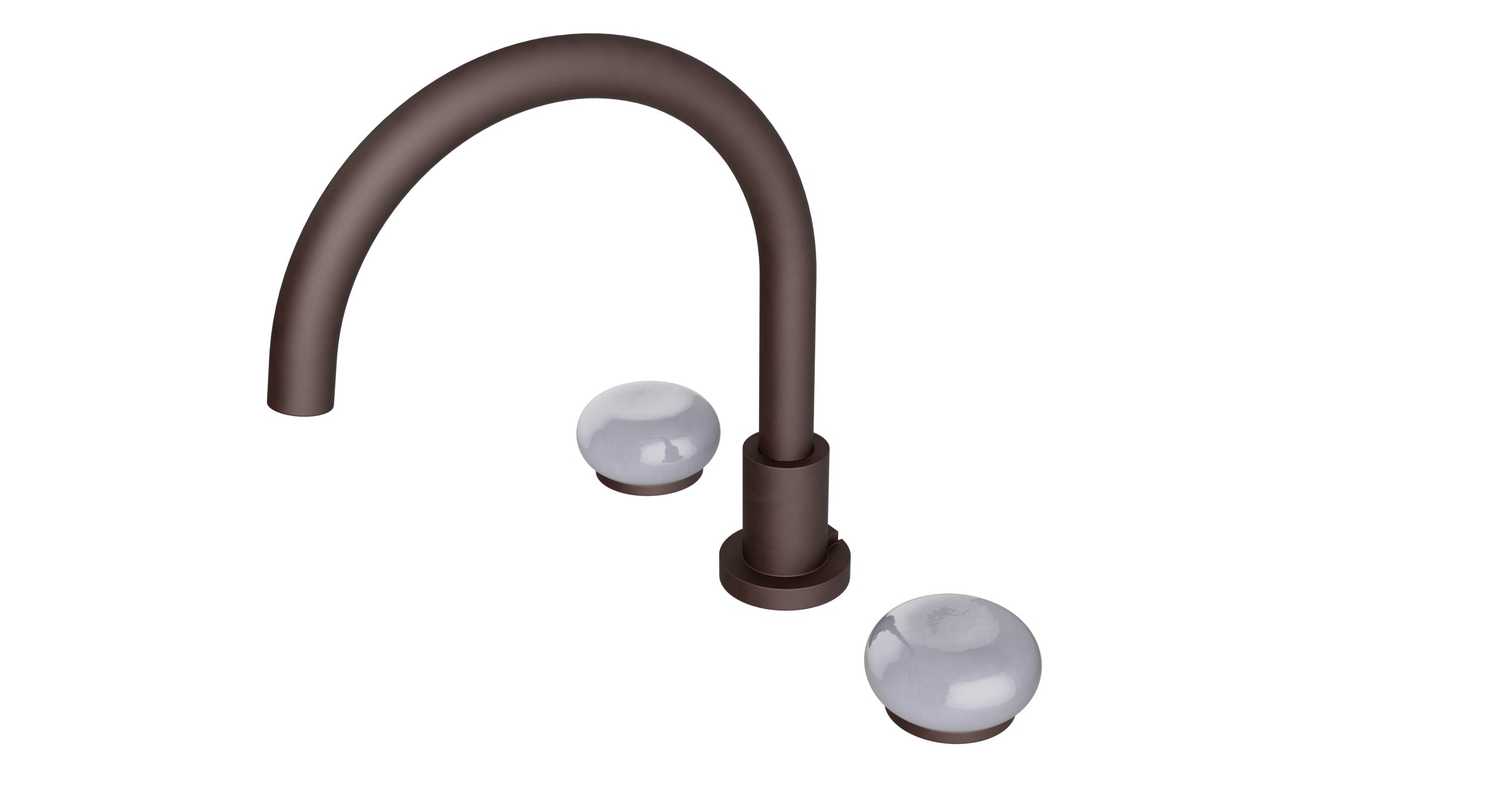 Foundry Two Handle Deck Mount Gooseneck Bath Trim with Pebble Ceramic Knob Handles in Architectural Copper