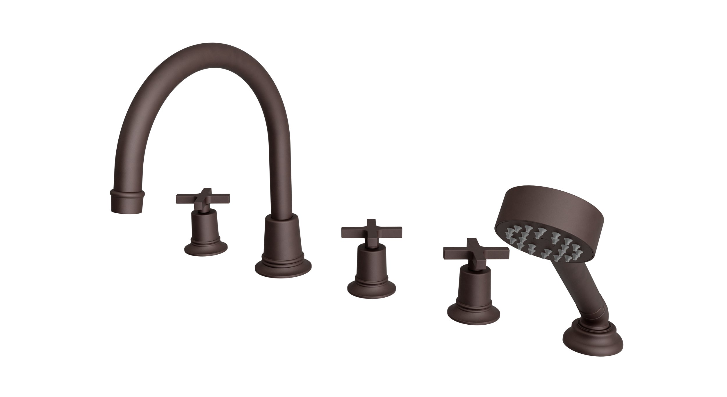 Emerson Three Handle Deck Mount Gooseneck Bath Trim with Hand Shower and Classic Cross Handles in Architectural Copper