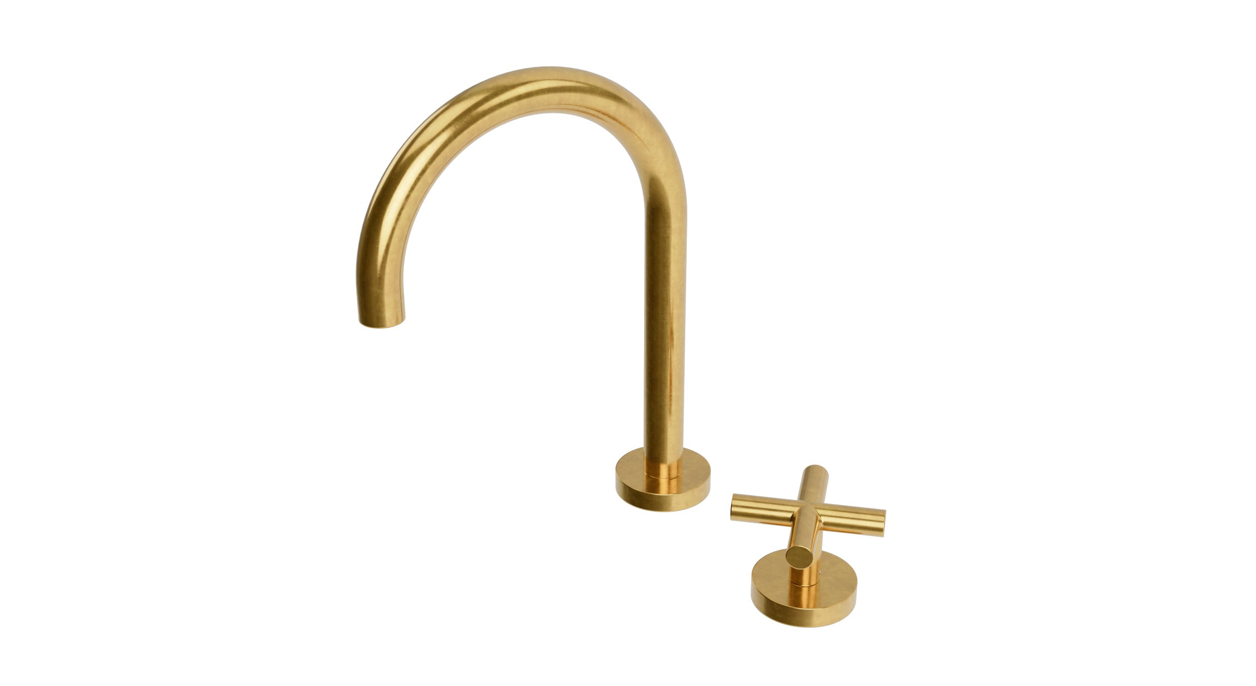 Contour One Handle Deck Mount Gooseneck Lavatory Faucet with Soft Cross Handle in French Brass