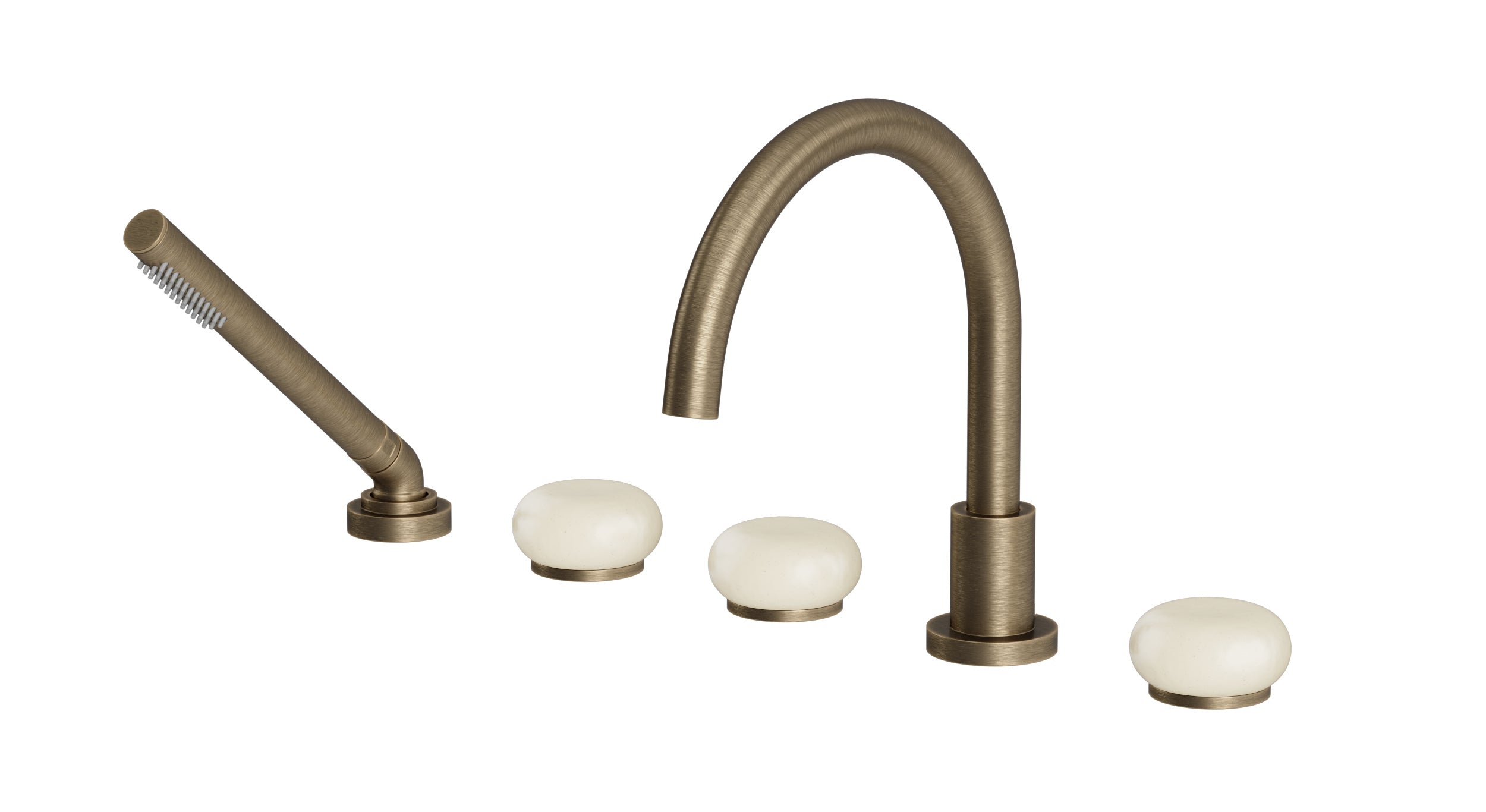Foundry Three Handle Deck Mount Gooseneck Bath Trim with Hand Shower and Pebble Ceramic Knob Handles in Antique Brass