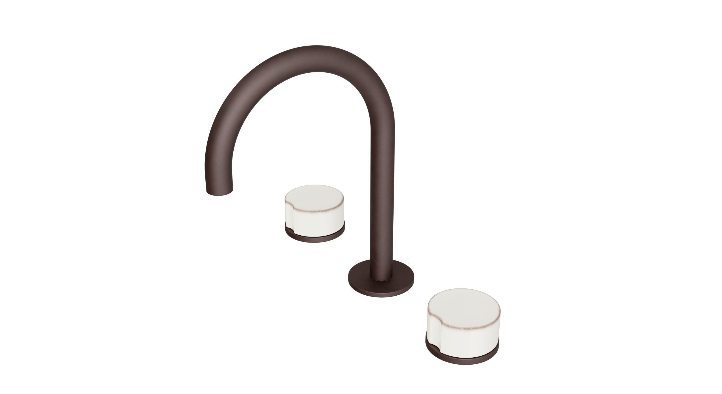 Foundry Two Handle Deck Mount Gooseneck Lavatory Faucet with Groove Ceramic Knob Handles in Architectural Copper