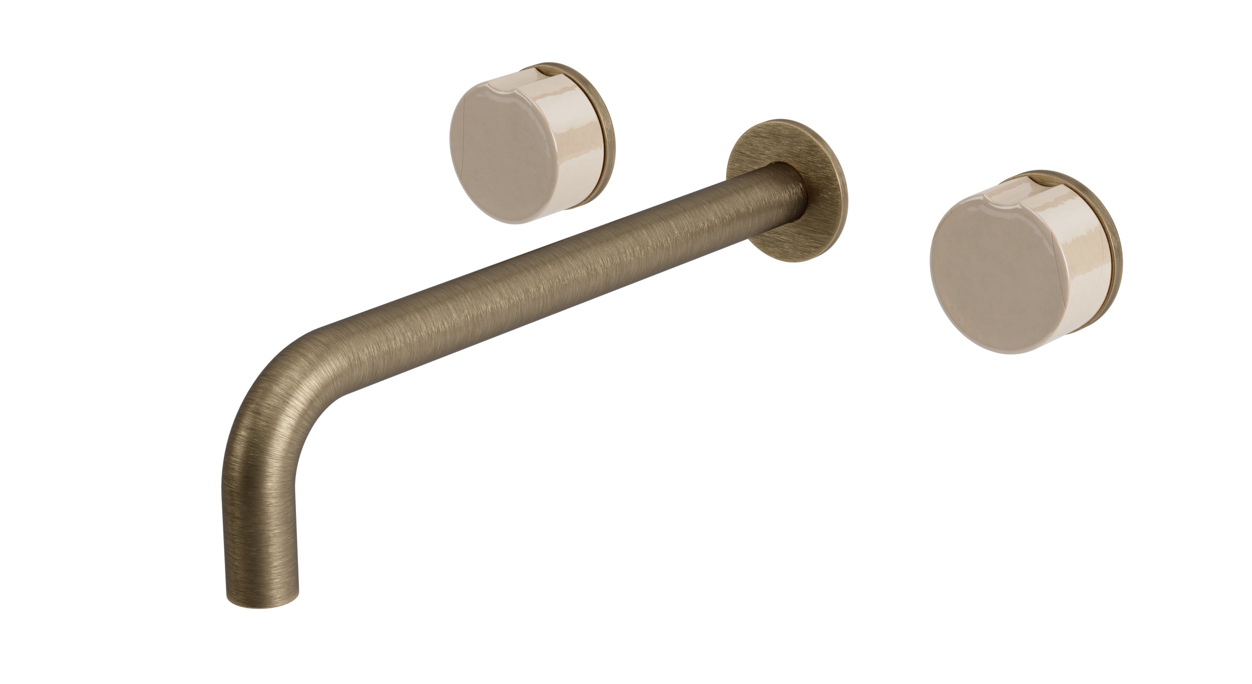 Foundry Two Handle Wall Mount 10" Lavatory Faucet with Groove Ceramic Knob Handles in Antique Brass