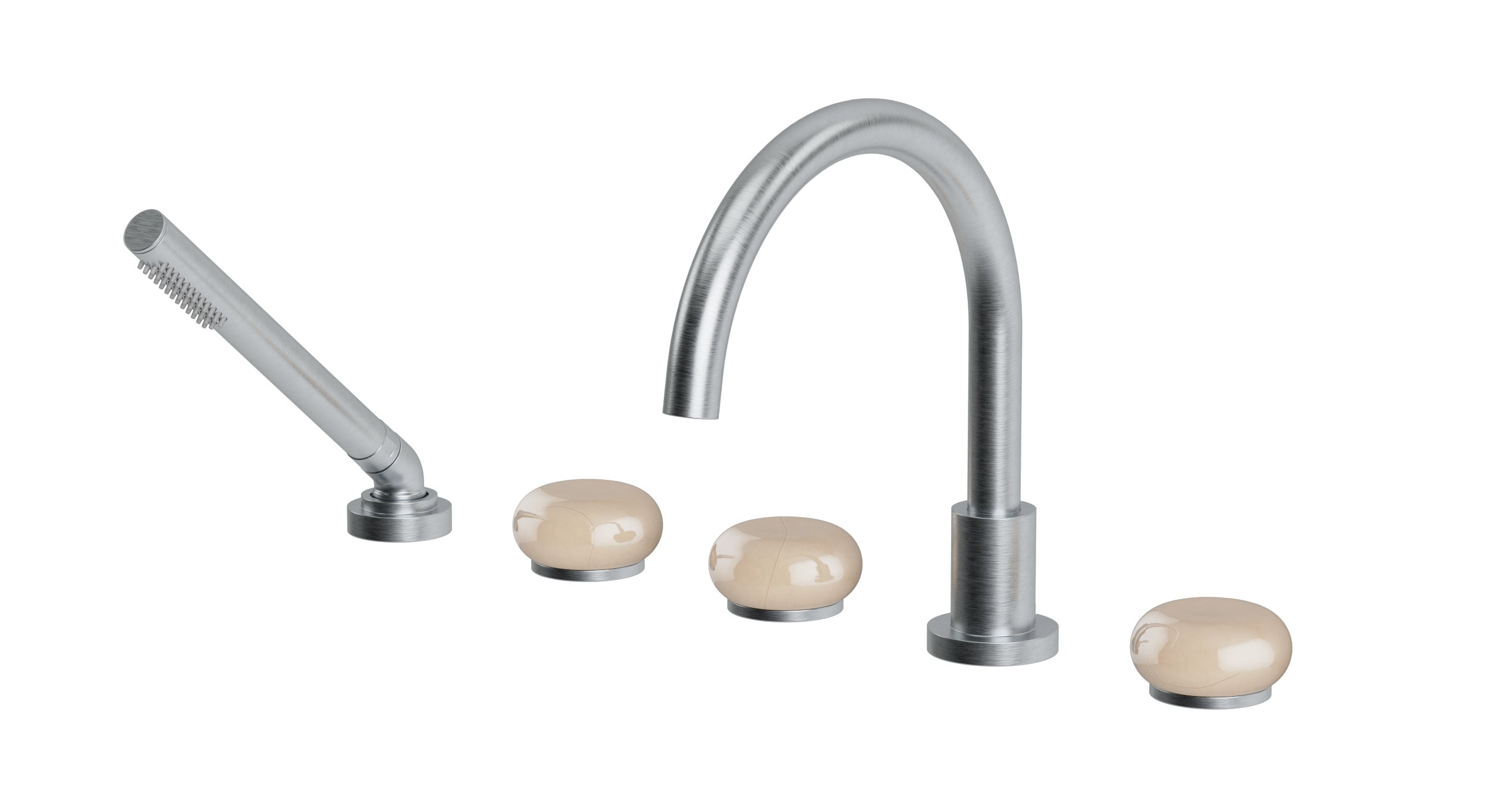 Foundry Three Handle Deck Mount Gooseneck Bath Trim with Hand Shower and Pebble Ceramic Knob Handles in Satin Chrome
