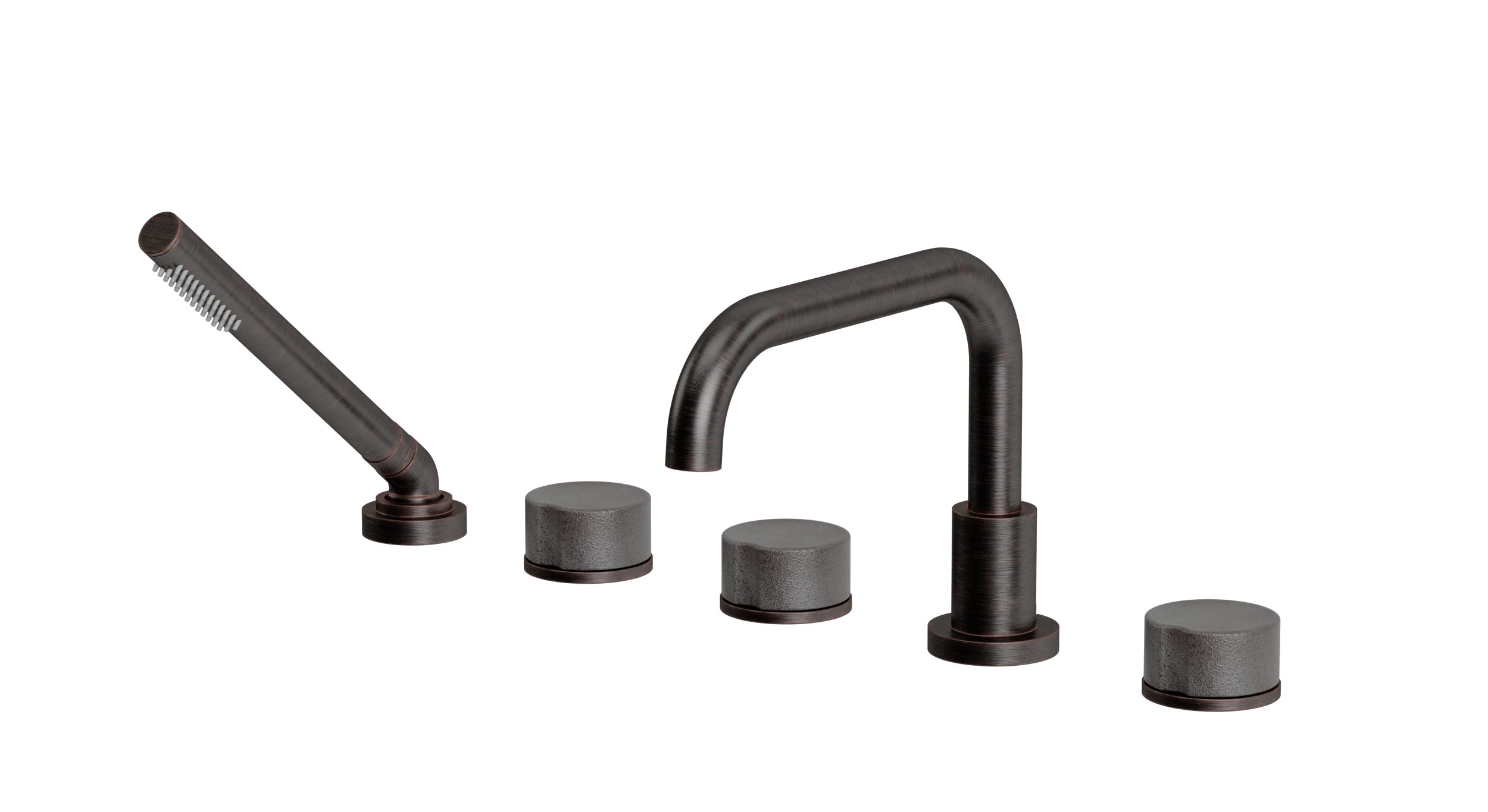 Foundry Three Handle Deck Mount Squaretop Bath Trim with Hand Shower and Groove Ceramic Knob Handles in Antique Bronze