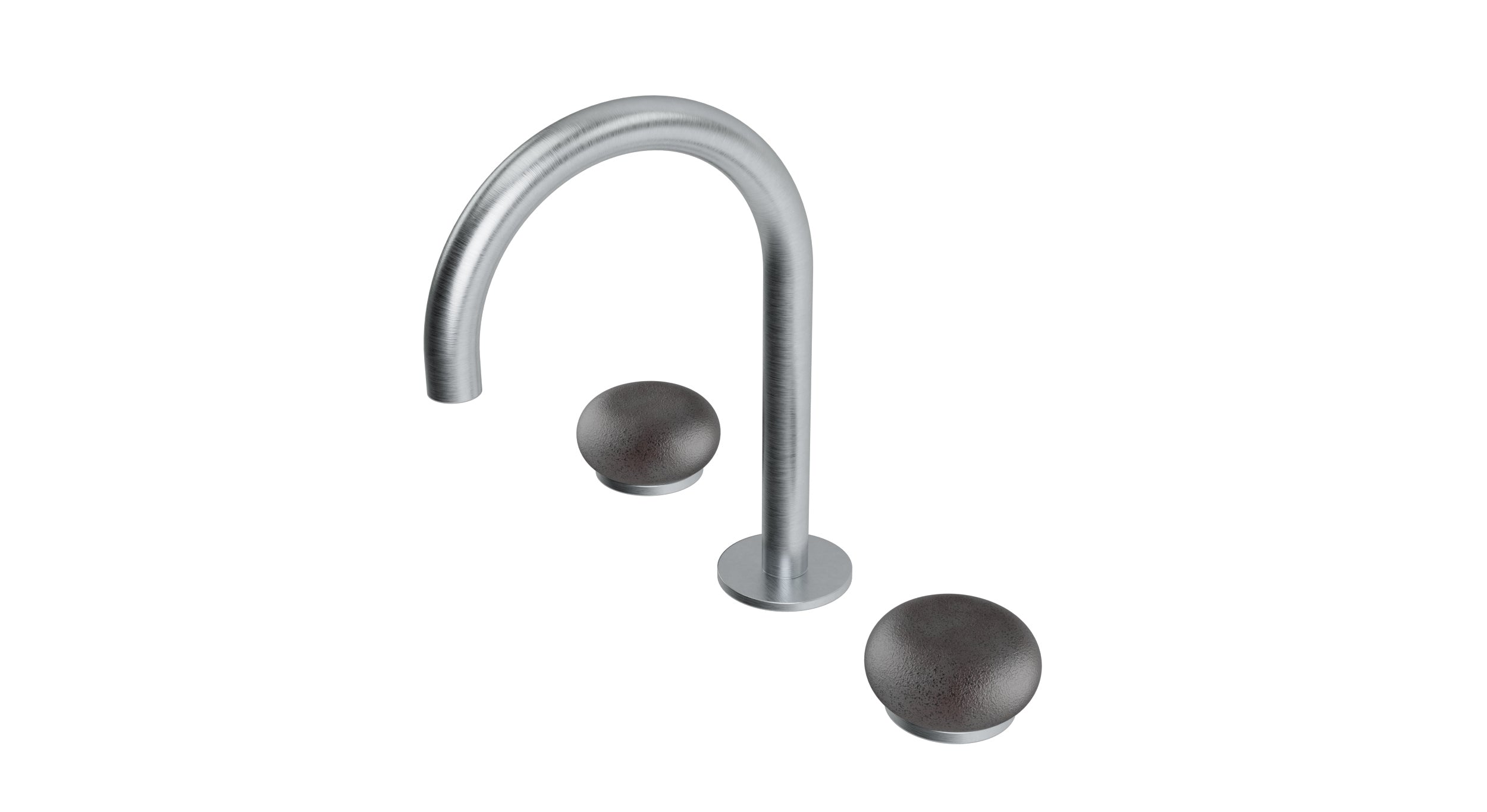 Foundry Two Handle Deck Mount Gooseneck Lavatory Faucet with Pebble Ceramic Knob Handles in Satin Chrome