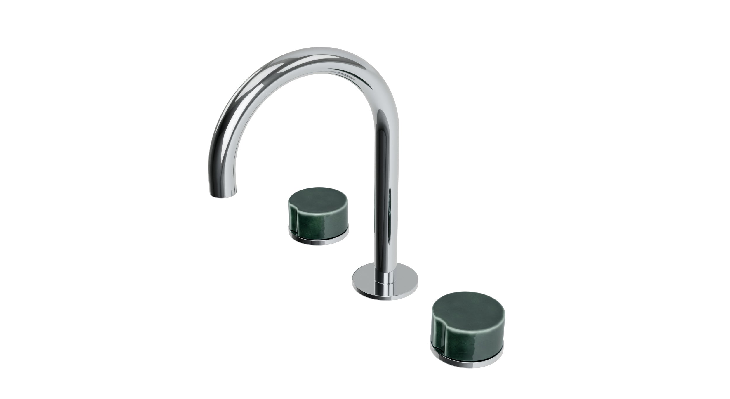 Foundry Two Handle Deck Mount Gooseneck Lavatory Faucet with Groove Ceramic Knob Handles in Polished Chrome