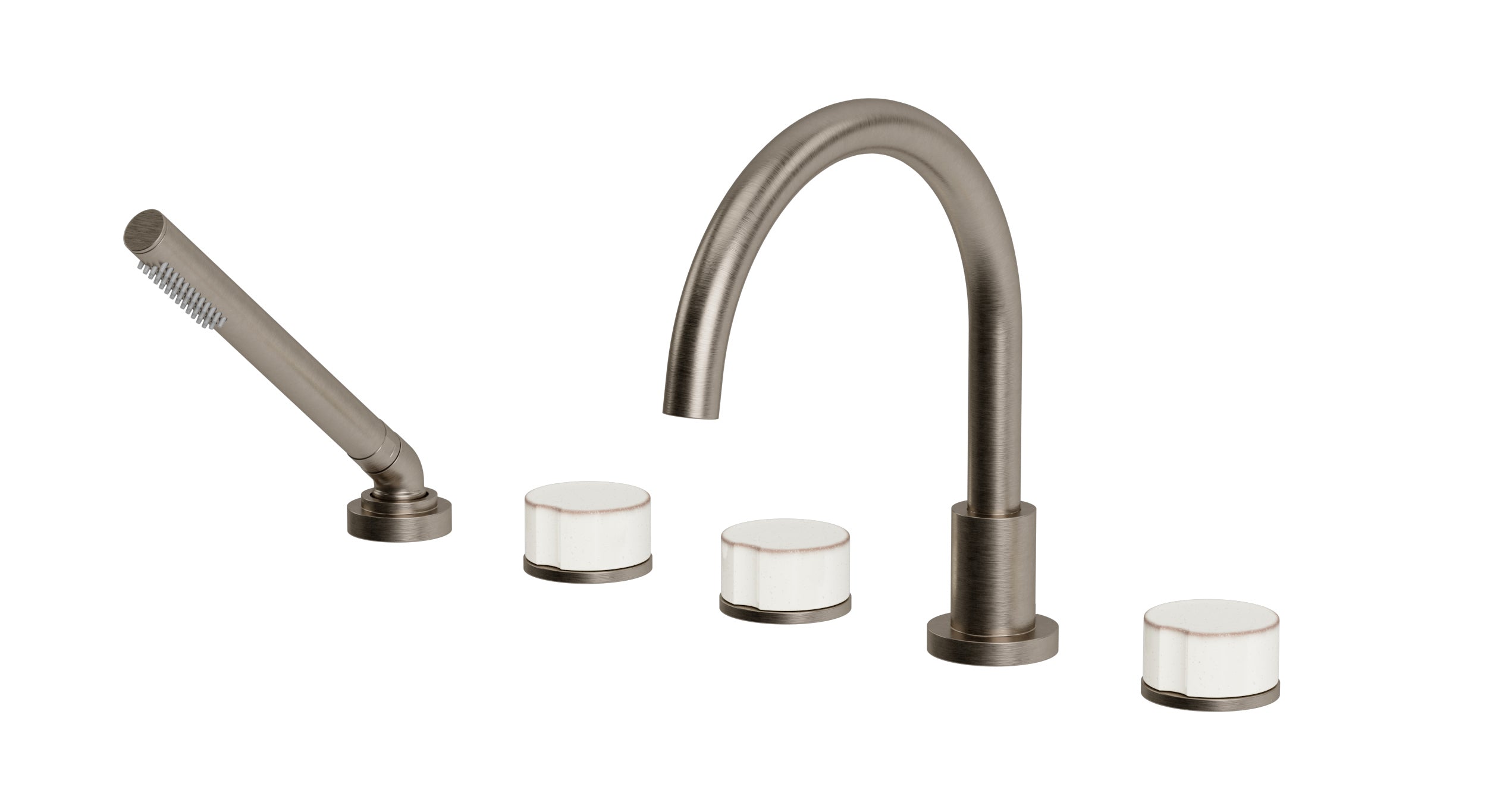 Foundry Three Handle Deck Mount Gooseneck Bath Trim with Hand Shower and Groove Ceramic Knob Handles in Antique Nickel
