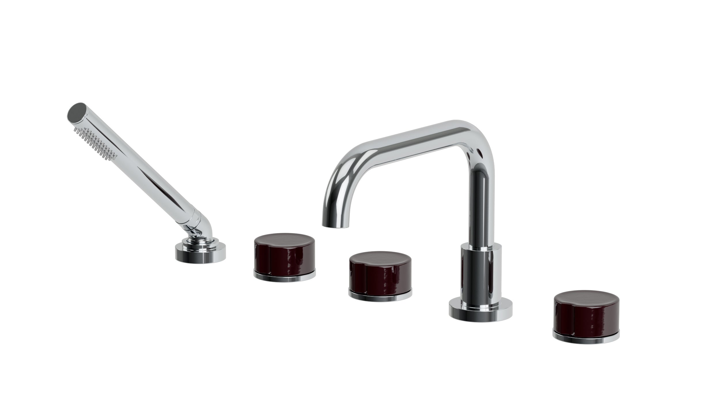 Foundry Three Handle Deck Mount Squaretop Bath Trim with Hand Shower and Groove Ceramic Knob Handles in Polished Chrome