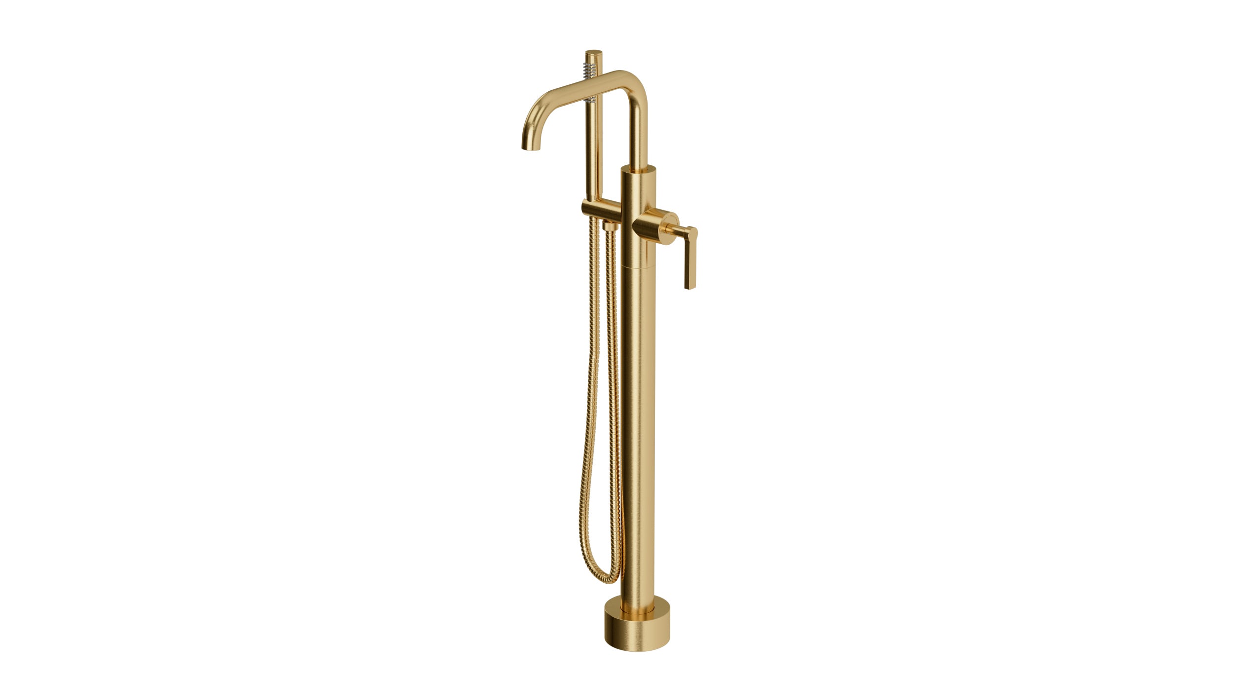 Flatiron One Handle Floor Mount Squaretop Bath Trim with Hand Shower and Linear Lever Handle in Satin Brass