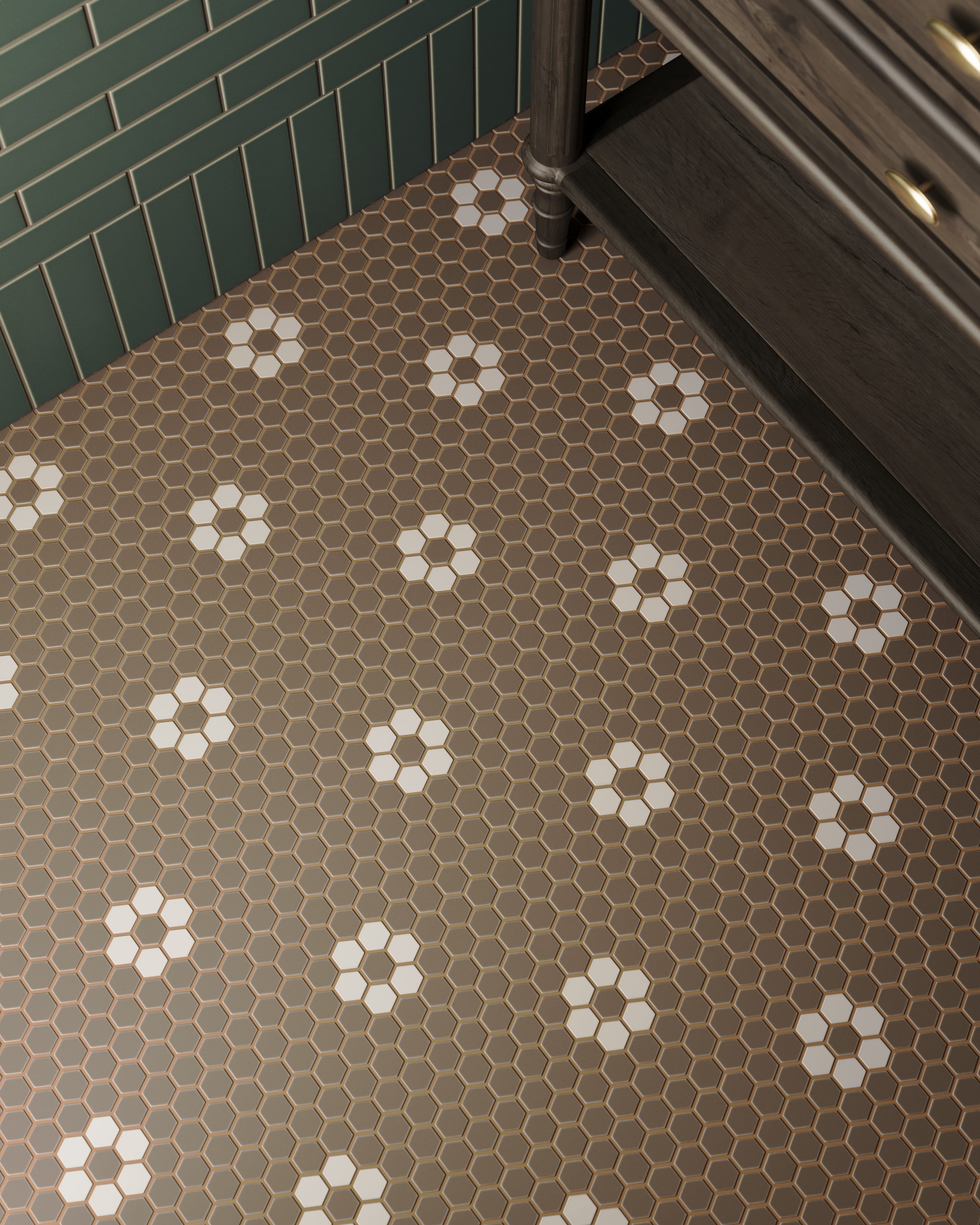 1" Hexagon Double Daisy Sheeted Original Ceramic Tile in Cardamom Matte & Calcite Matte