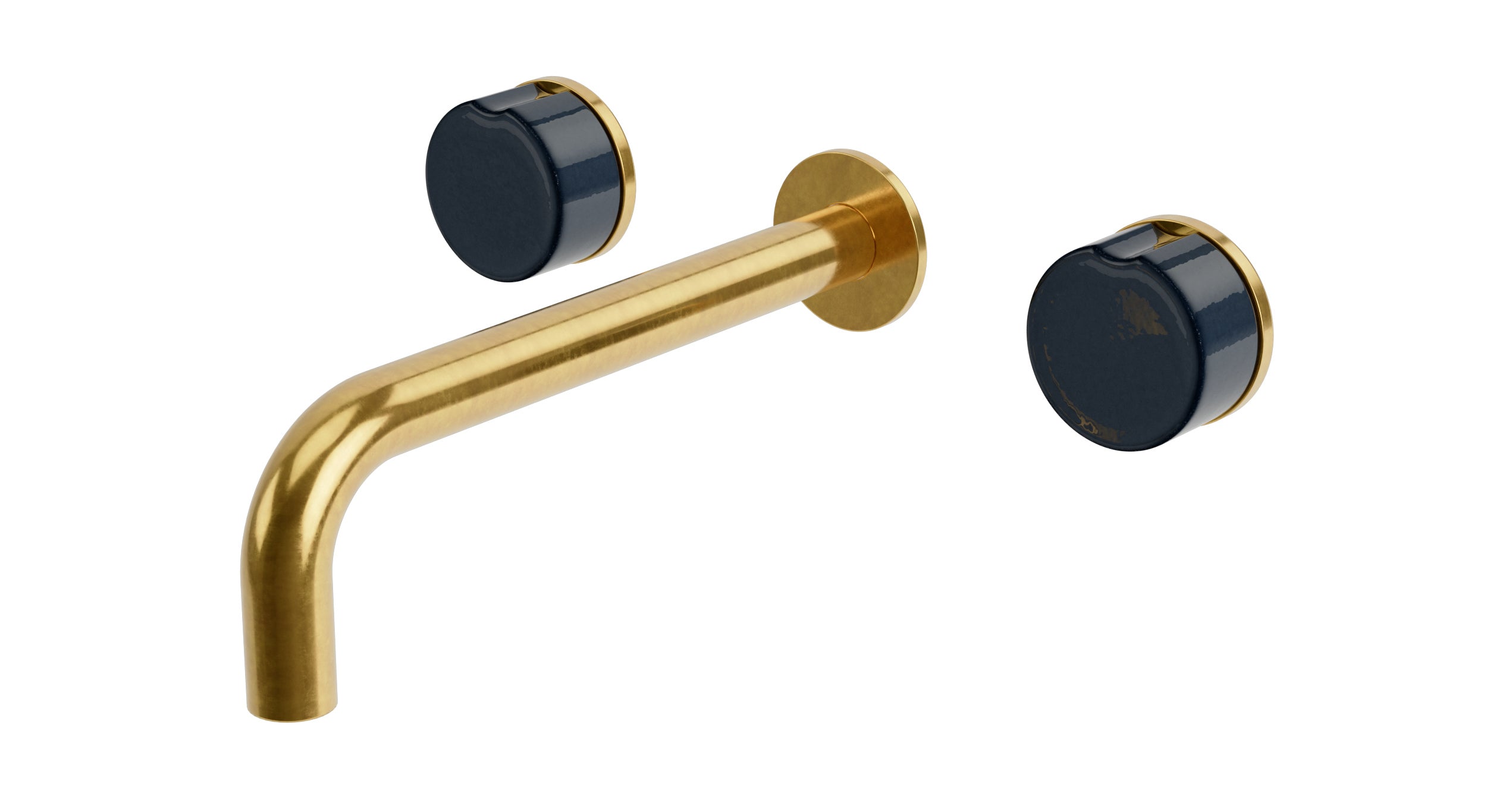 Foundry Two Handle Wall Mount 7.5" Lavatory Faucet with Groove Ceramic Knob Handles in French Brass