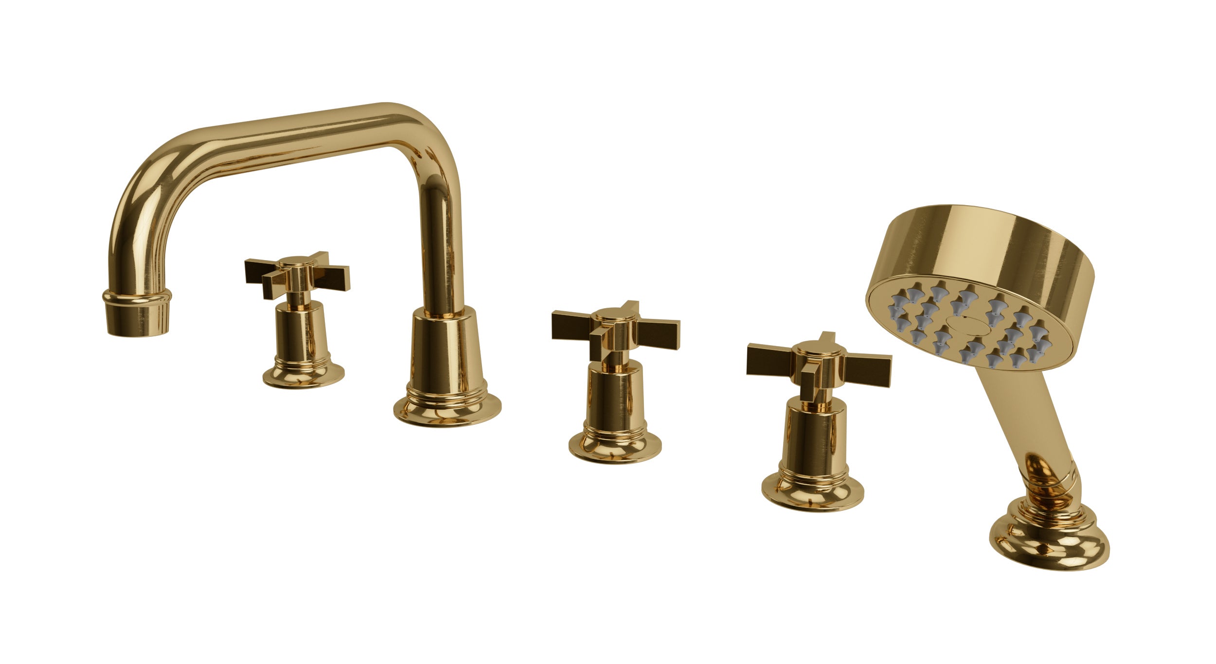 Emerson Three Handle Deck Mount Squaretop Bath Trim with Hand Shower and Defined Cross Handles in Uncoated Polished Brass