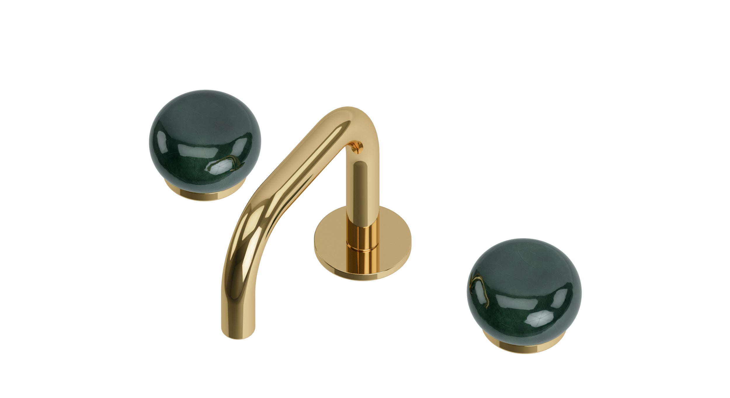 Foundry Two Handle Deck Mount Squaretop Lavatory Faucet with Pebble Ceramic Knob Handles in Polished Brass