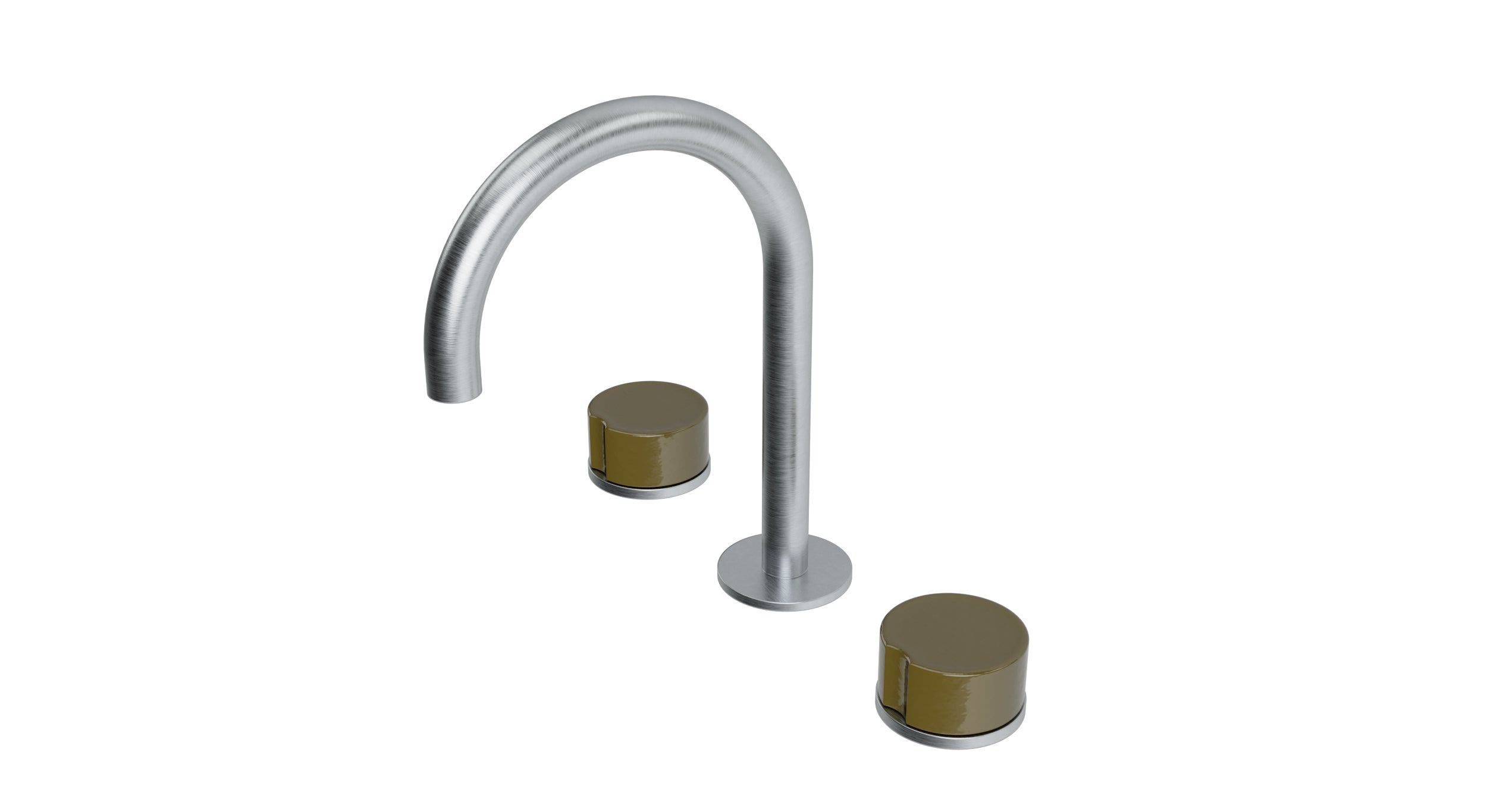 Foundry Two Handle Deck Mount Gooseneck Lavatory Faucet with Groove Ceramic Knob Handles in Satin Chrome