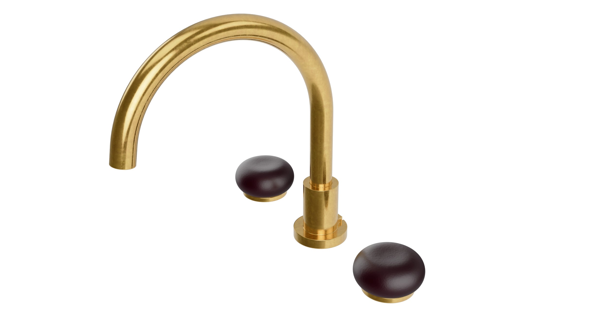 Foundry Two Handle Deck Mount Gooseneck Bath Trim with Pebble Ceramic Knob Handles in French Brass