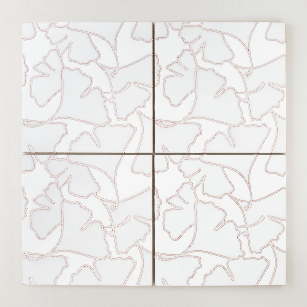 8x8 Handpainted Tile Gingko in White Motif