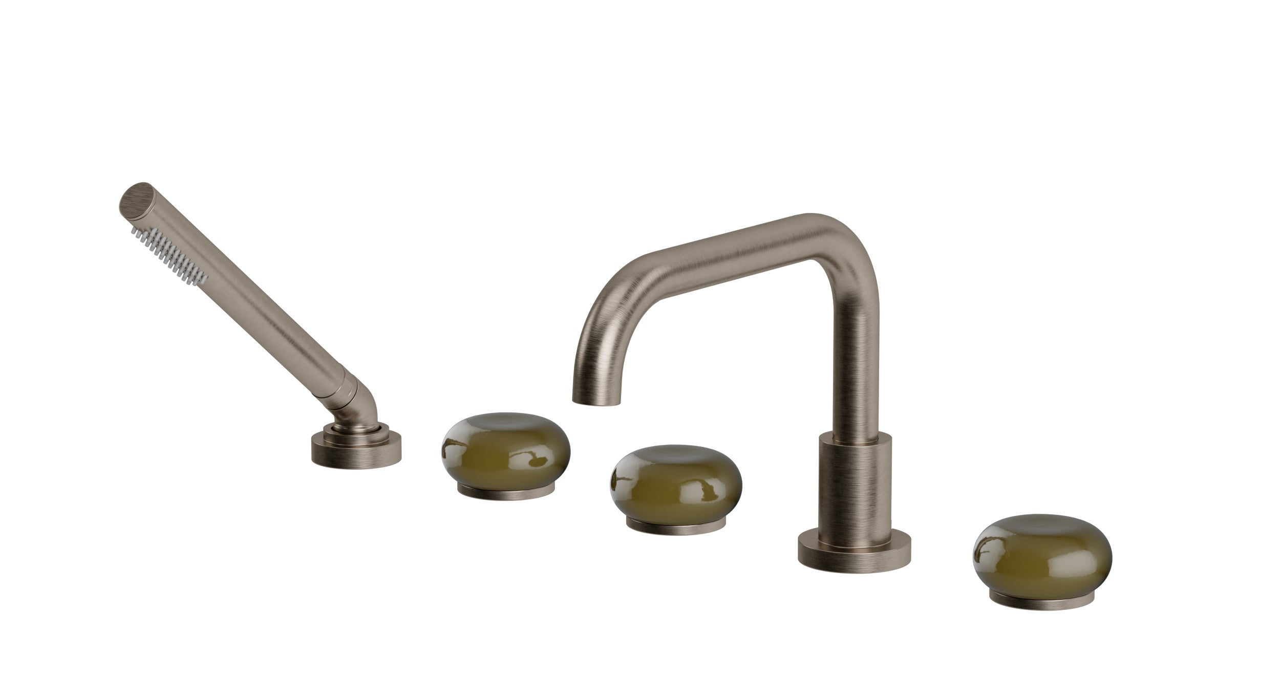 Foundry Three Handle Deck Mount Squaretop Bath Trim with Hand Shower and Pebble Ceramic Knob Handles in Antique Nickel
