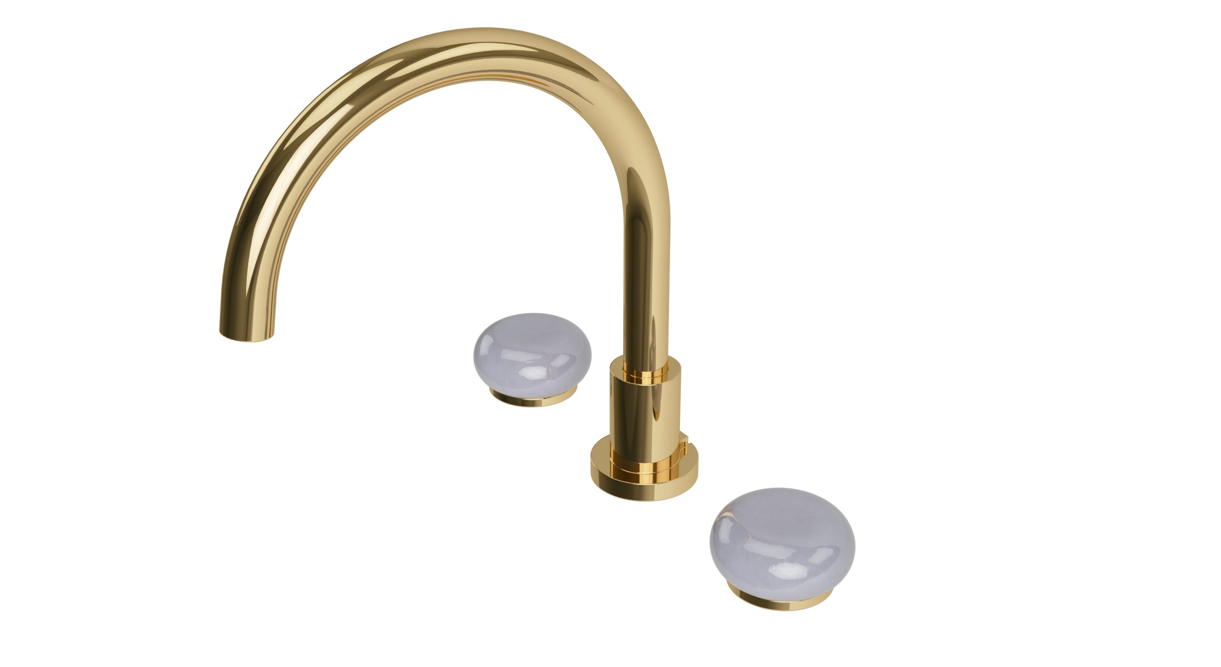 Foundry Two Handle Deck Mount Gooseneck Bath Trim with Pebble Ceramic Knob Handles in Polished Brass