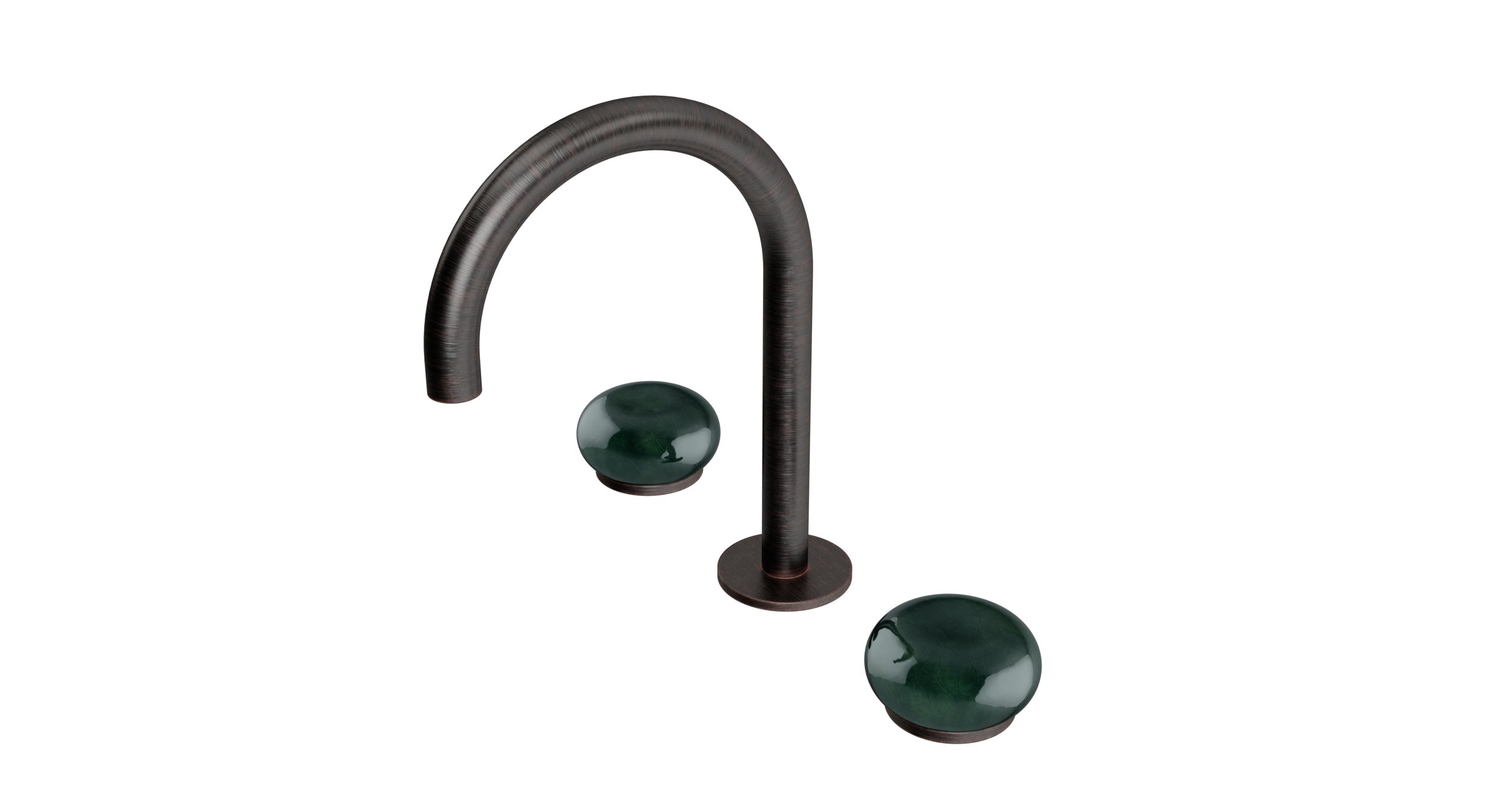 Foundry Two Handle Deck Mount Gooseneck Lavatory Faucet with Pebble Ceramic Knob Handles in Antique Bronze