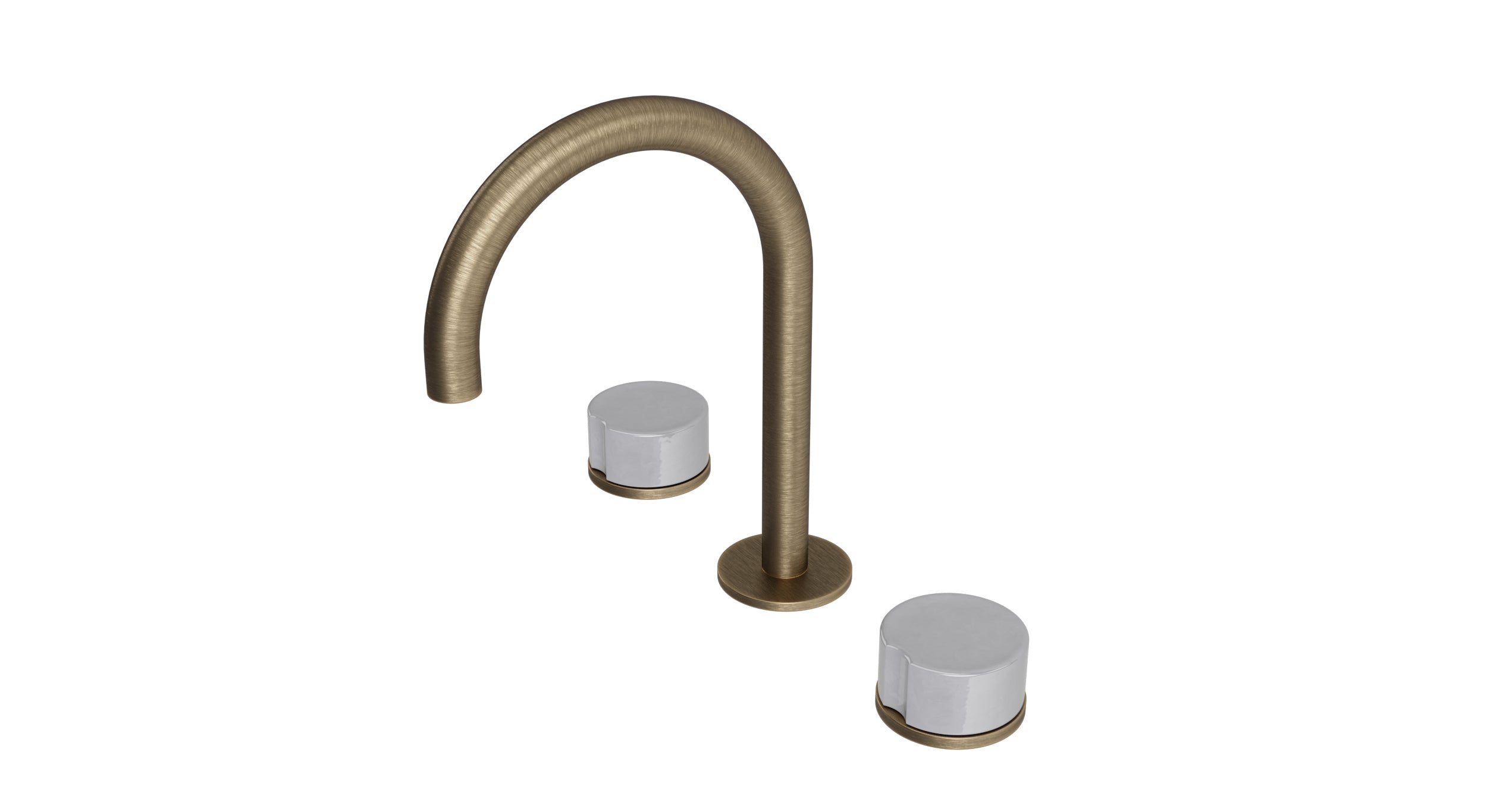 Foundry Two Handle Deck Mount Gooseneck Lavatory Faucet with Groove Ceramic Knob Handles in Antique Brass