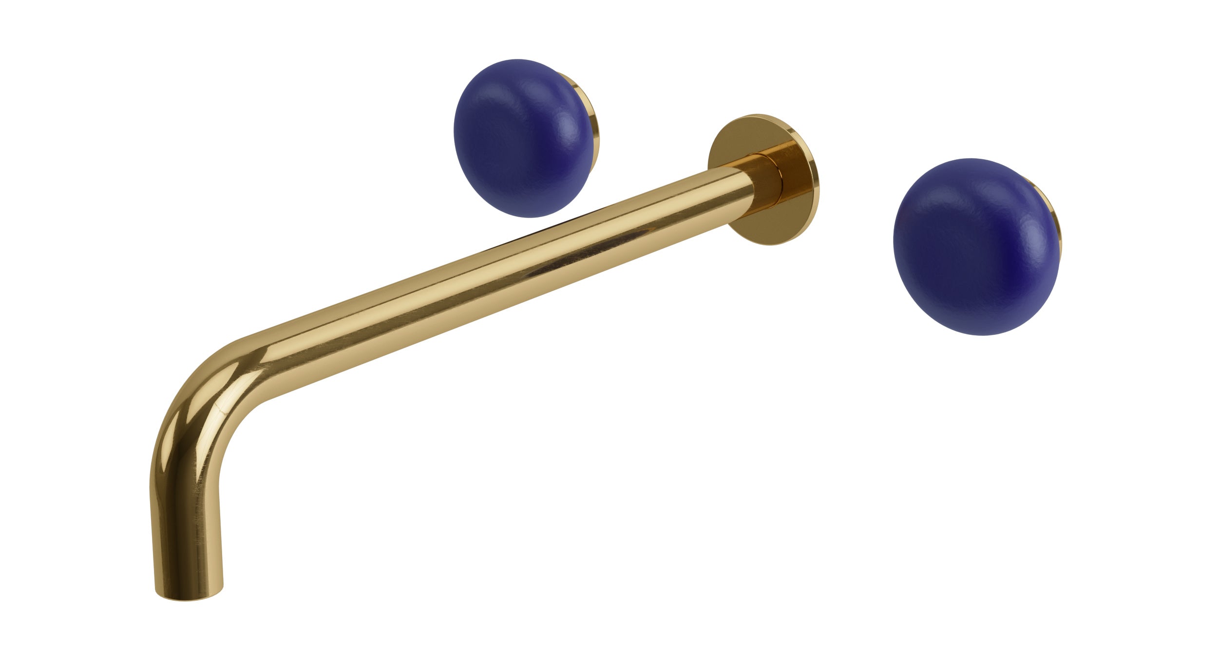 Foundry Two Handle Wall Mount 12" Lavatory Faucet with Pebble Ceramic Knob Handles in Uncoated Polished Brass