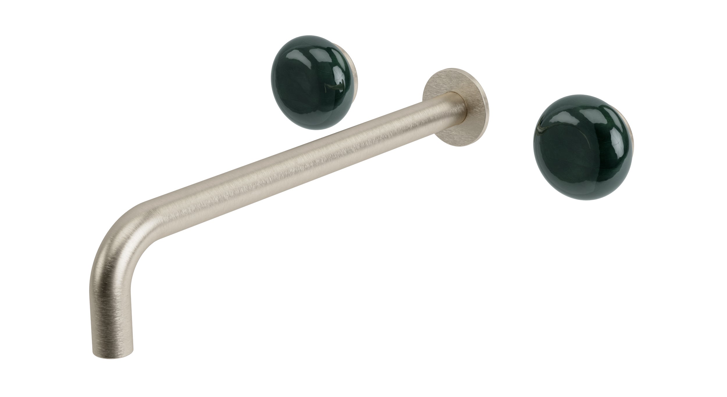 Foundry Two Handle Wall Mount 12" Lavatory Faucet with Pebble Ceramic Knob Handles in Satin Nickel