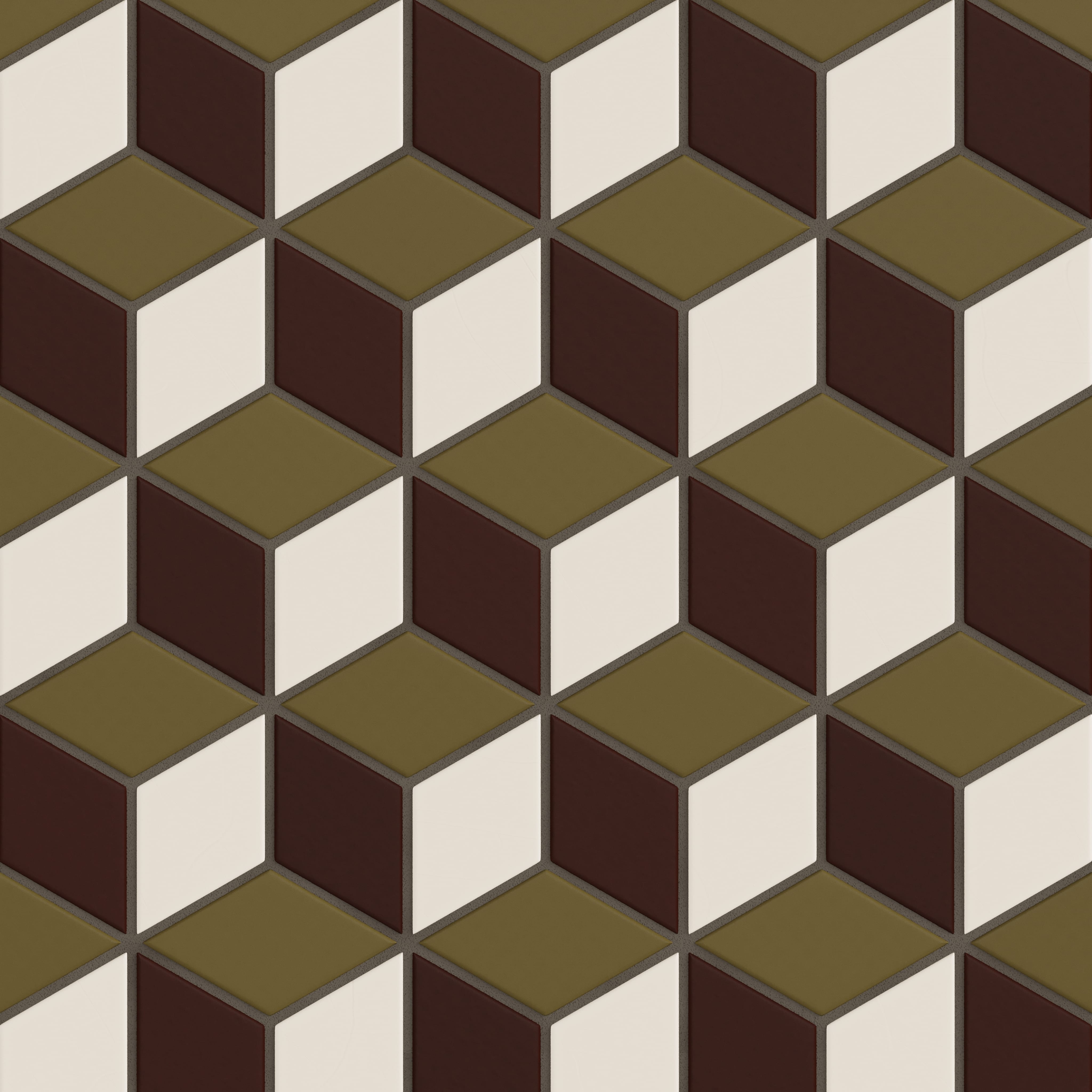 Small Diamond Escher Sheeted Original Ceramic Tile in Sand Dune Matte, Garnet Matte & Chaparral Matte