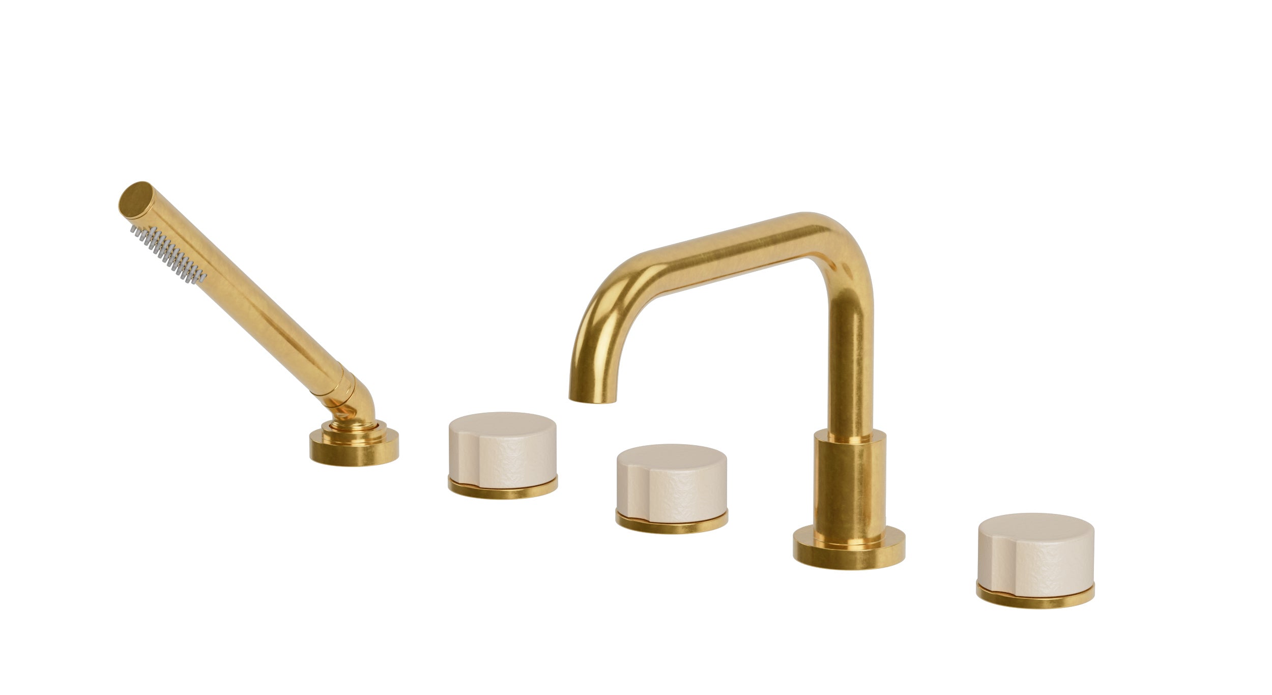 Foundry Three Handle Deck Mount Squaretop Bath Trim with Hand Shower and Groove Ceramic Knob Handles in French Brass