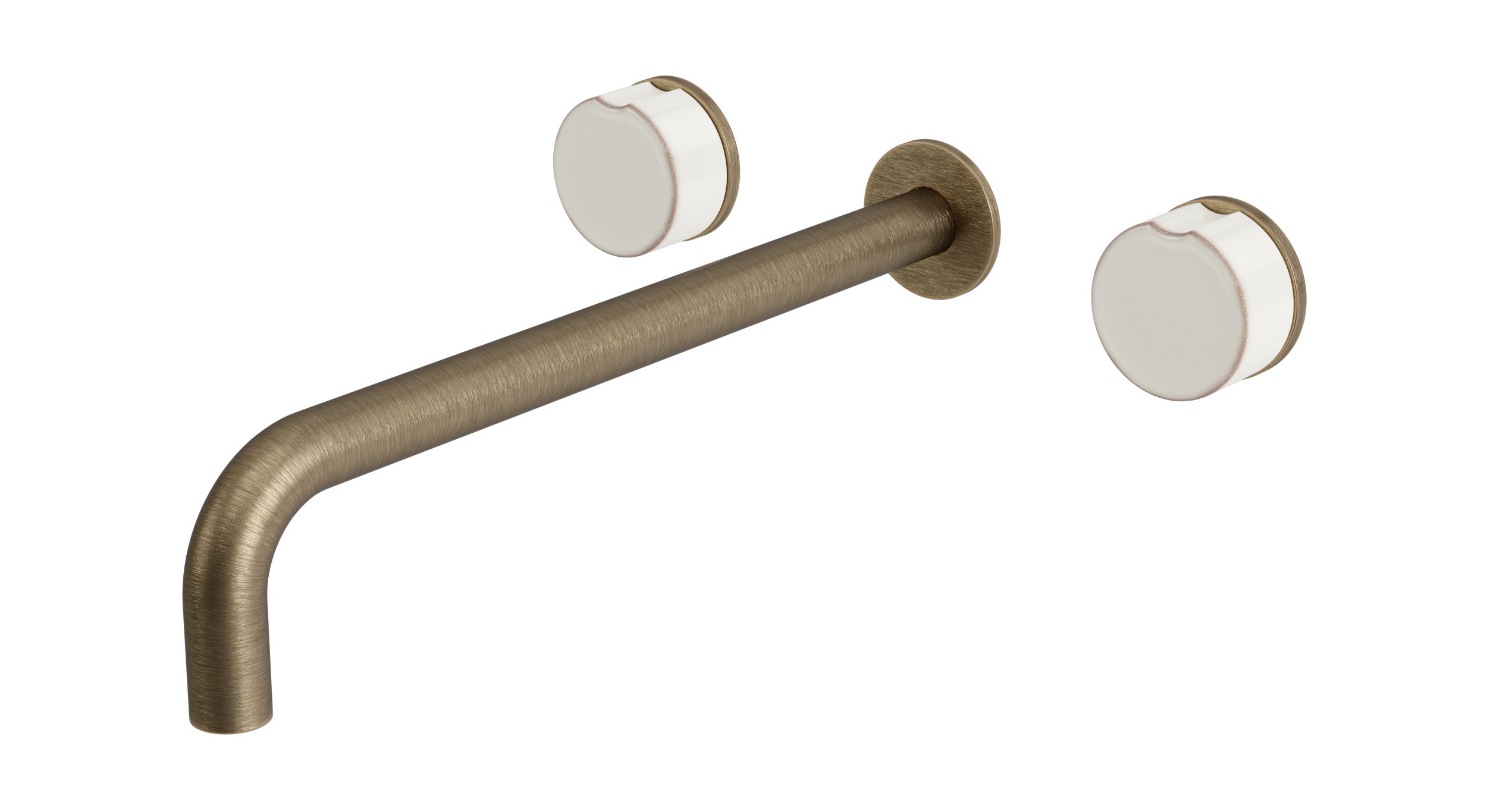 Foundry Two Handle Wall Mount 12" Lavatory Faucet with Groove Ceramic Knob Handles in Antique Brass