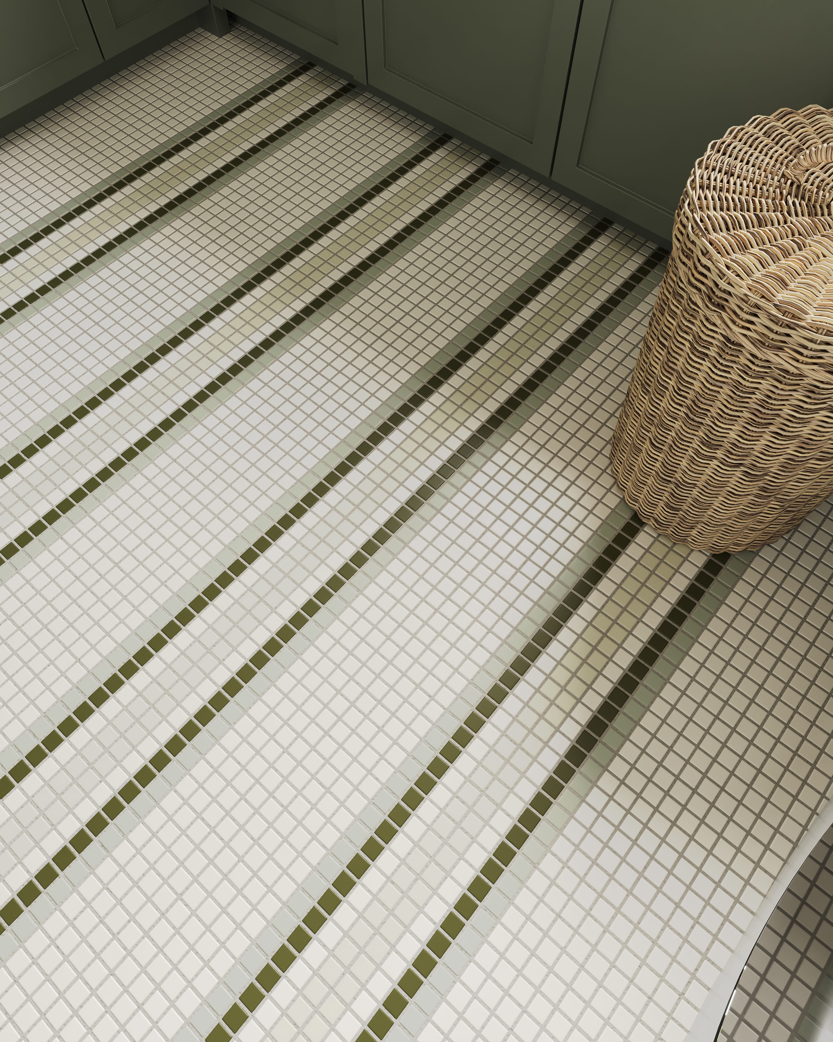 1x1 Tailored Stripe Border Sheeted Original Ceramic Tile in Celadon Matte