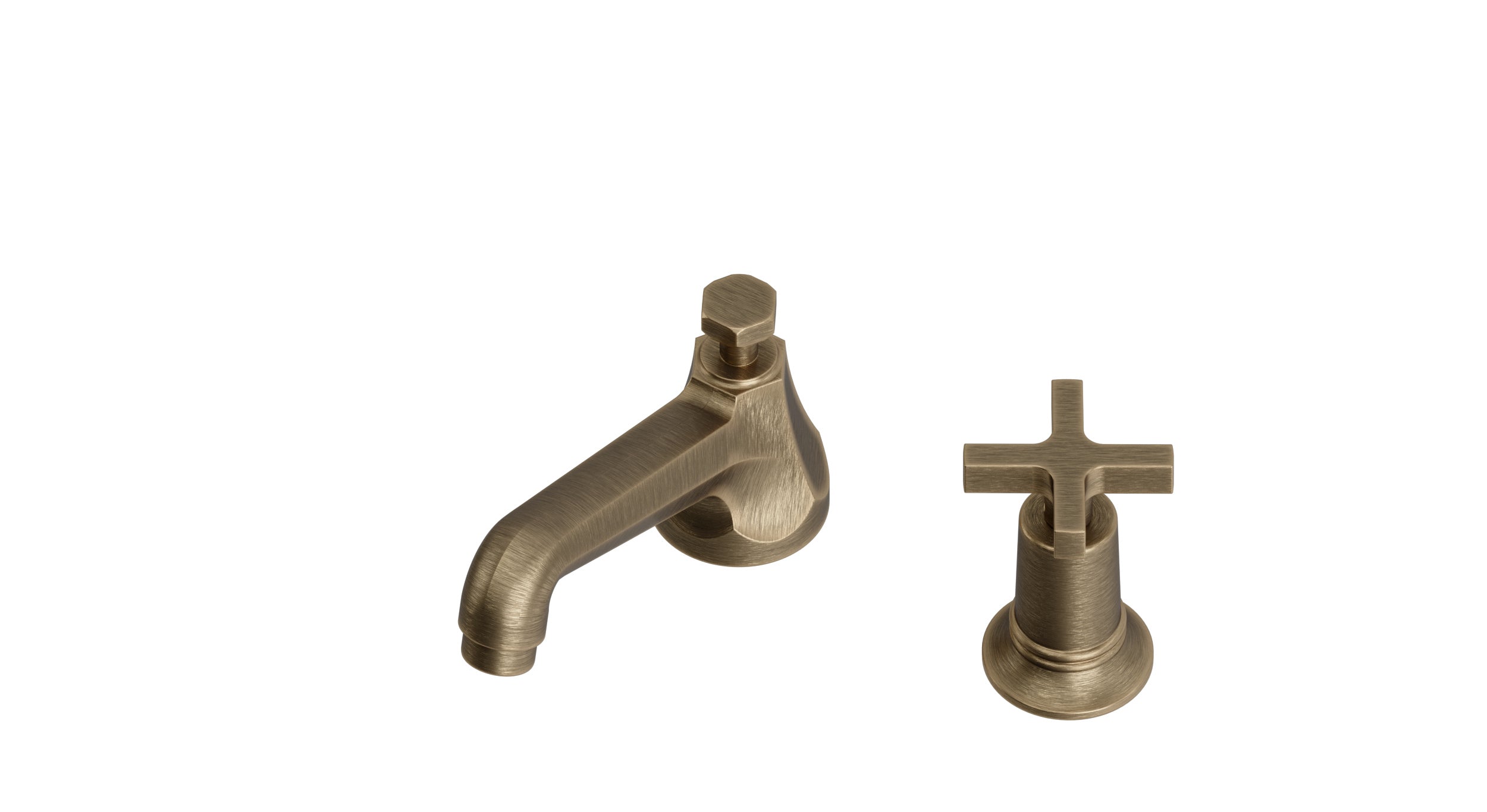Emerson One Handle Deck Mount Low Hexagon Lavatory Faucet with Classic Cross Handle in Antique Brass