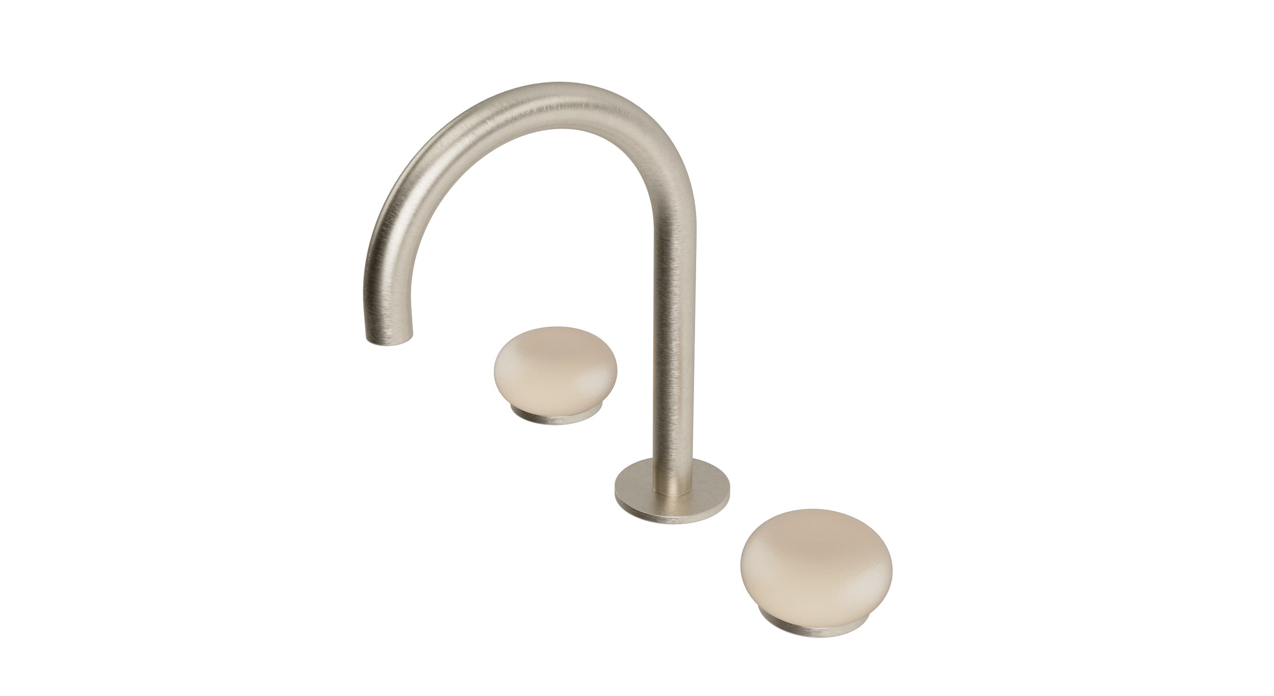 Foundry Two Handle Deck Mount Gooseneck Lavatory Faucet with Pebble Ceramic Knob Handles in Satin Nickel