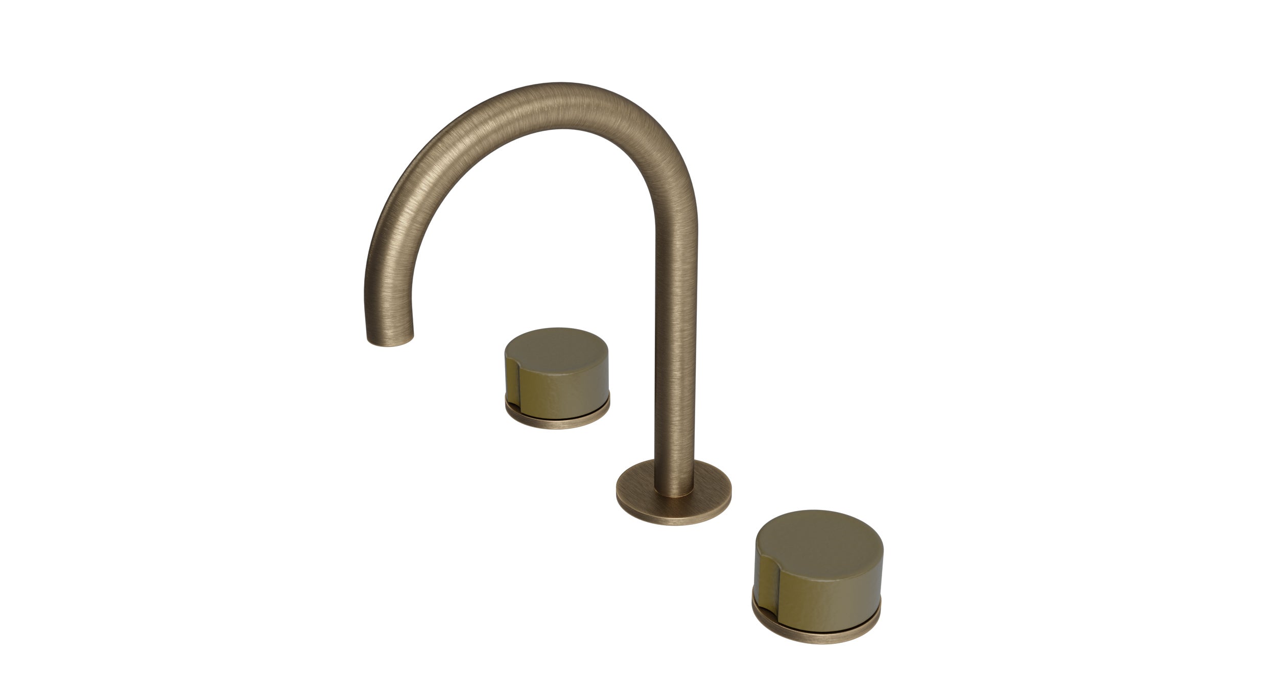 Foundry Two Handle Deck Mount Gooseneck Lavatory Faucet with Groove Ceramic Knob Handles in Antique Brass
