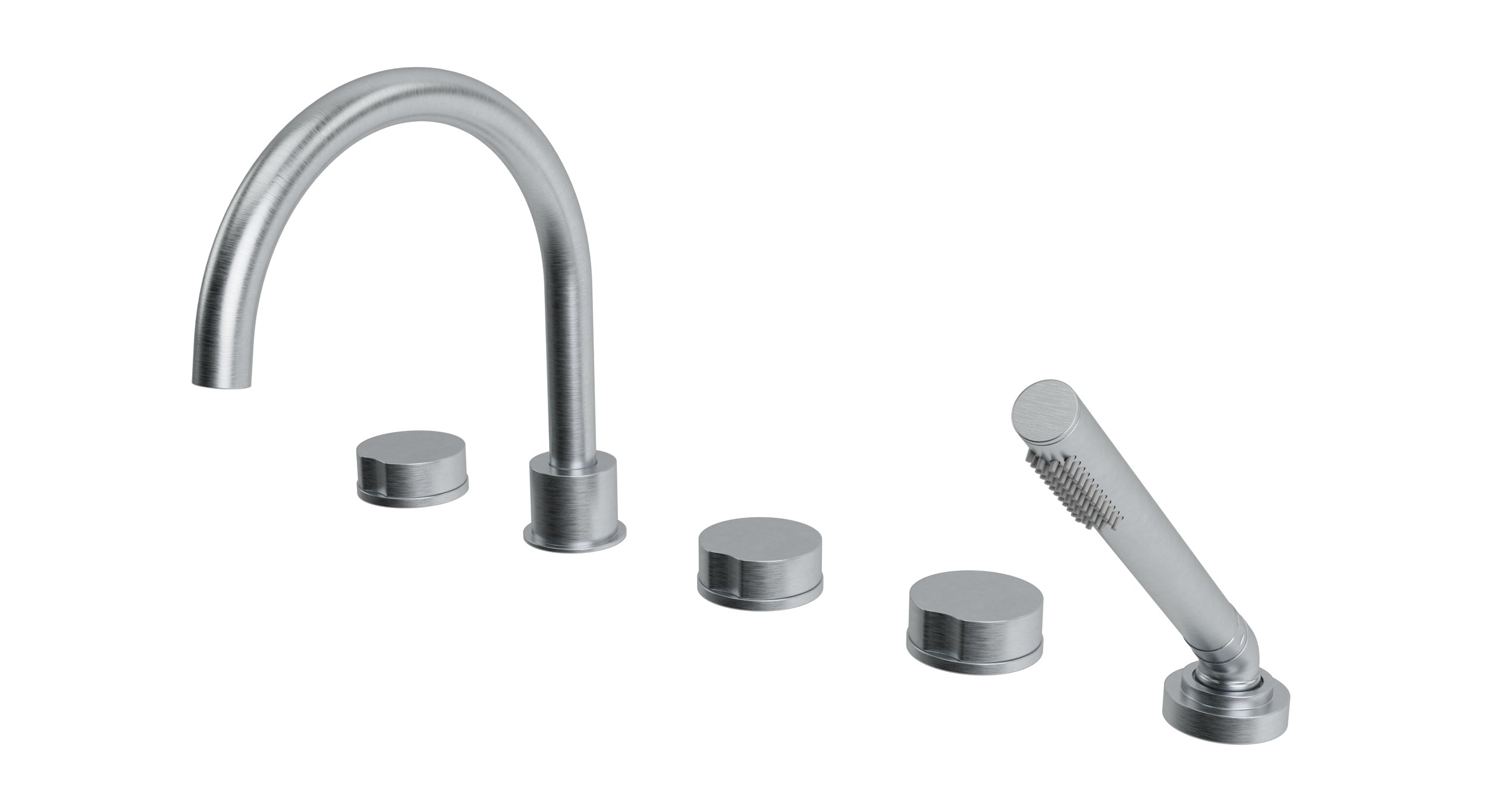 Foundry Three Handle Deck Mount Gooseneck Bath Trim with Hand Shower and Circle Knob Handles in Satin Chrome