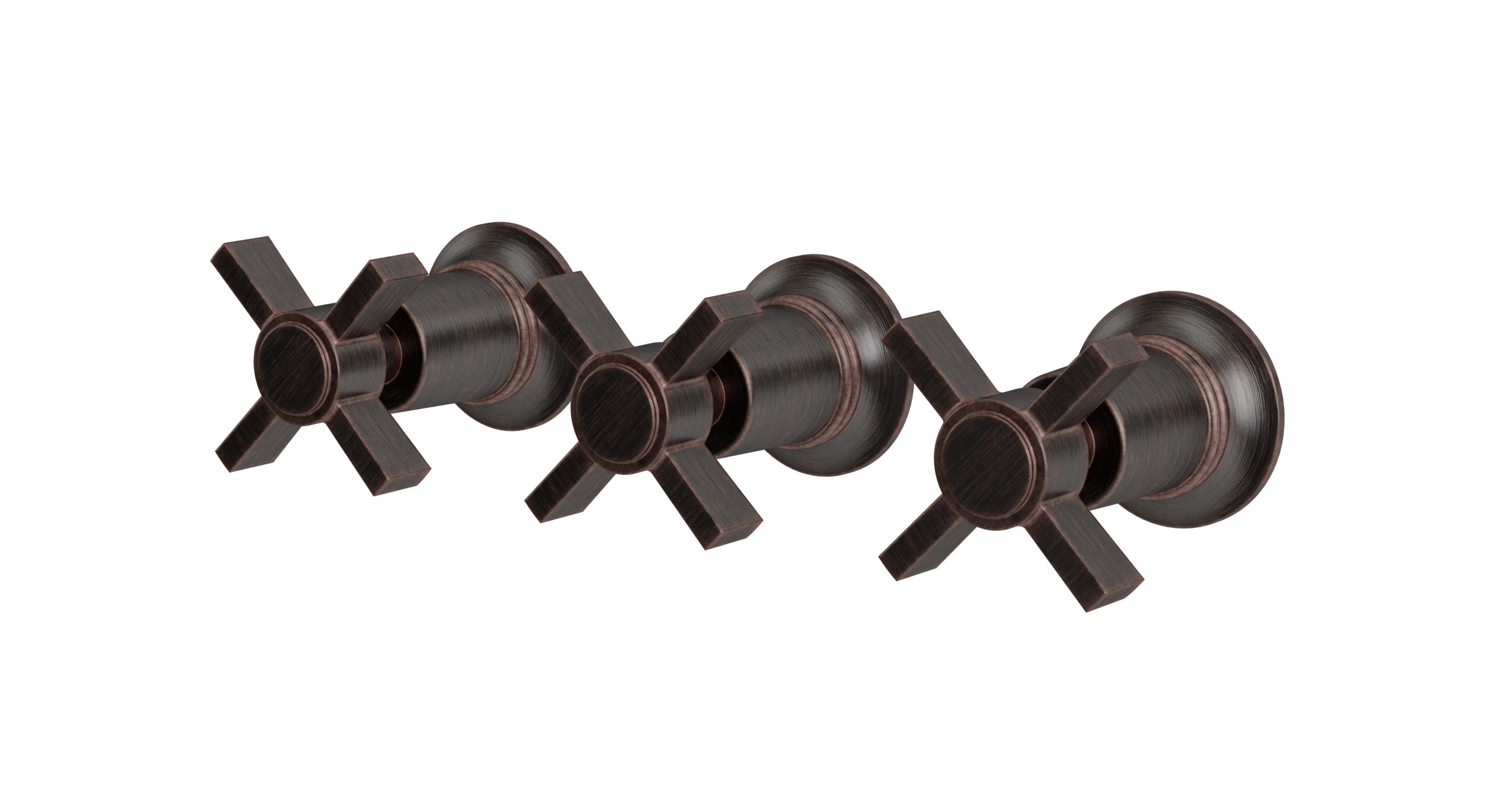 Emerson Three Handle Wall Mount Bath Trim with Diverter/Volume Control and Defined Cross Handles in Antique Bronze
