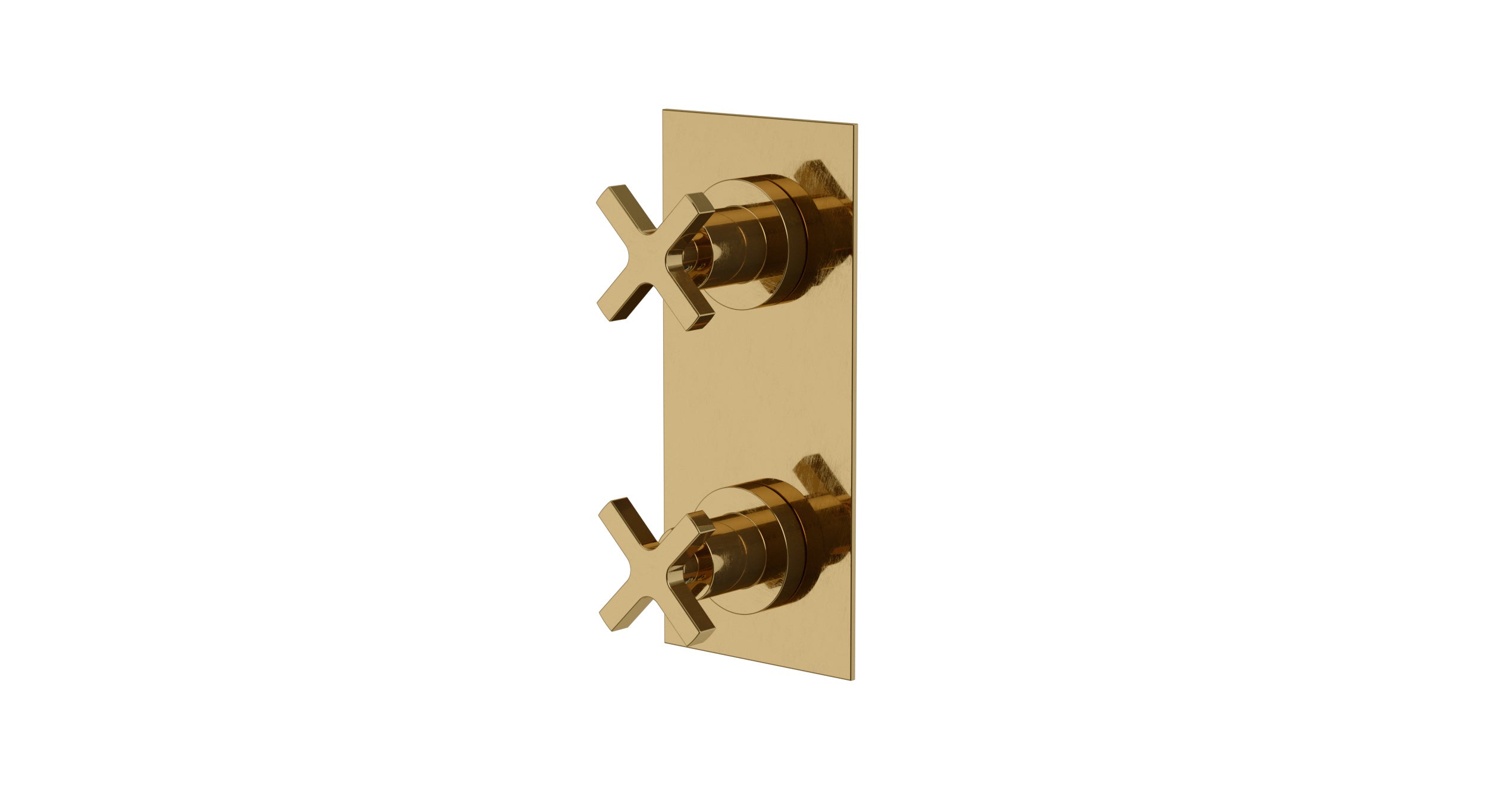 Flatiron Two Handle Wall Mount Shower Trim with Linear Cross Handles in Uncoated Polished Brass