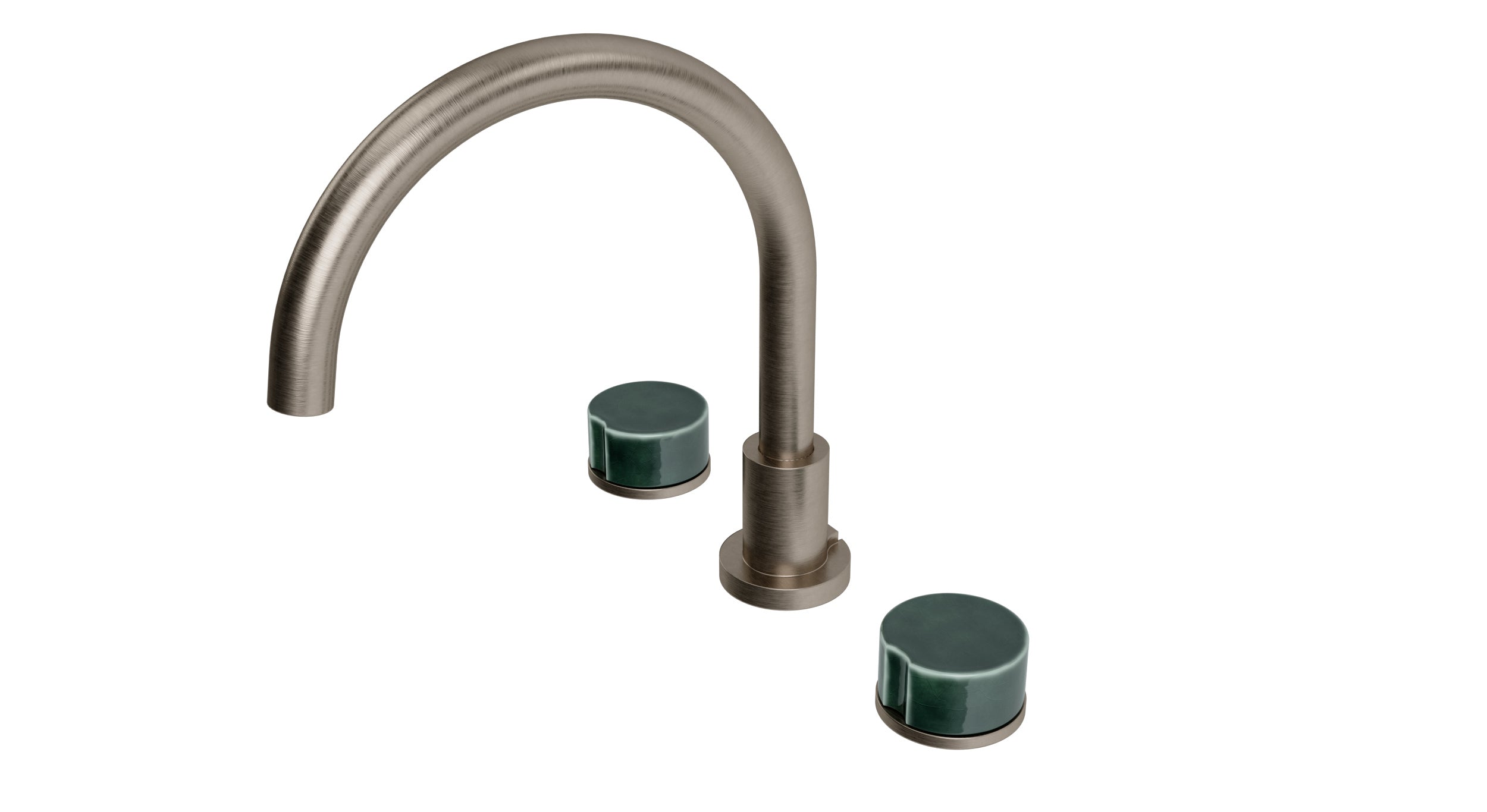 Foundry Two Handle Deck Mount Gooseneck Bath Trim with Groove Ceramic Knob Handles in Antique Nickel